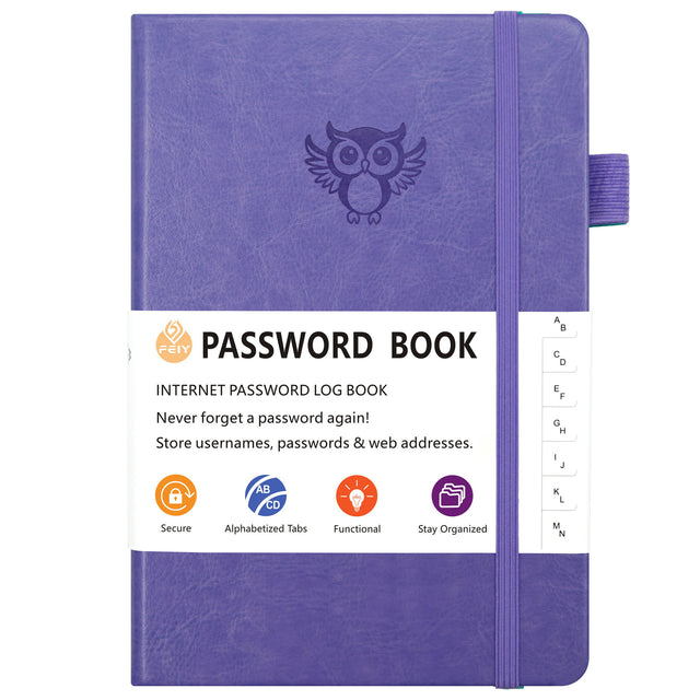 Light purple Password Log Book with Alphabetical Tabs Internet Address Organizer Small PU Leather Notebook with Owl Design Pen Holder and Inner Pocket Ideal for Home and Office