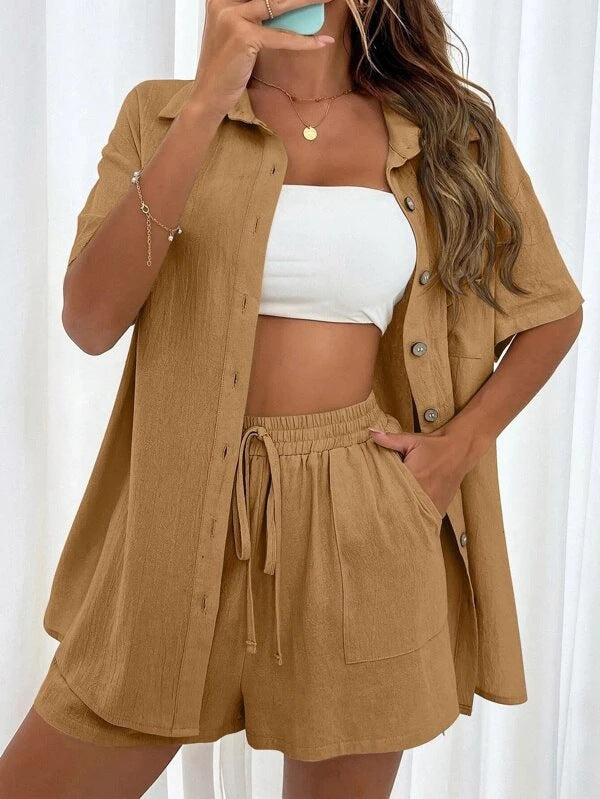 XXL Brown Women's Elegant 2-Piece Casual Set | Distressed Linen-Look Button-Down Shirt & Drawstring Shorts
