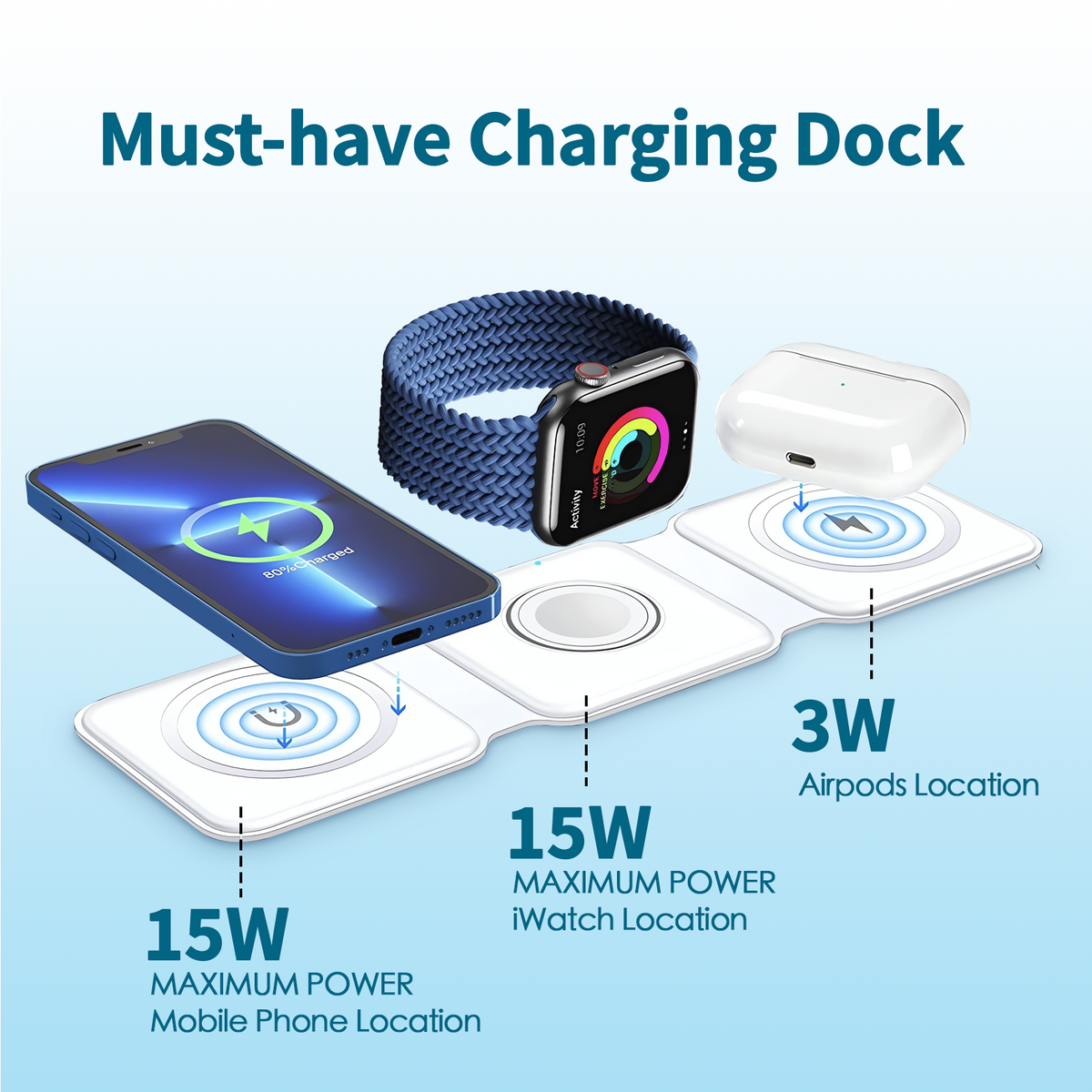 3 in 1 Wireless 15W Qi Fast Charging Foldable Station for Apple Mag Safe
