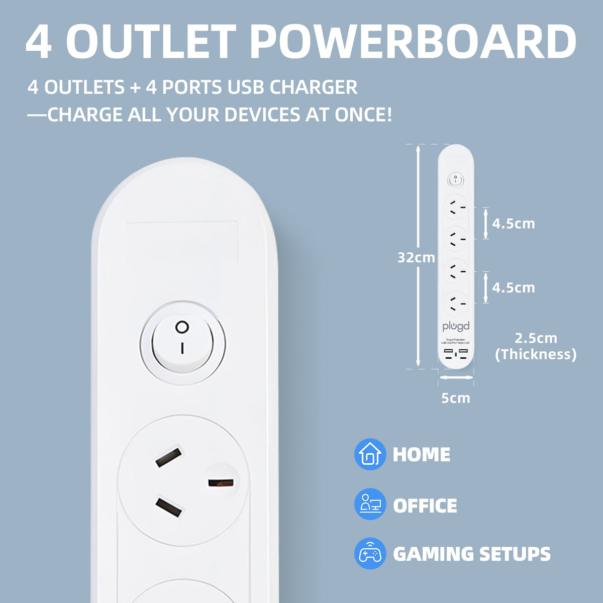 Plugd 2 USB A + 2 USB C 240V 10A Powerboard with Surge Protection