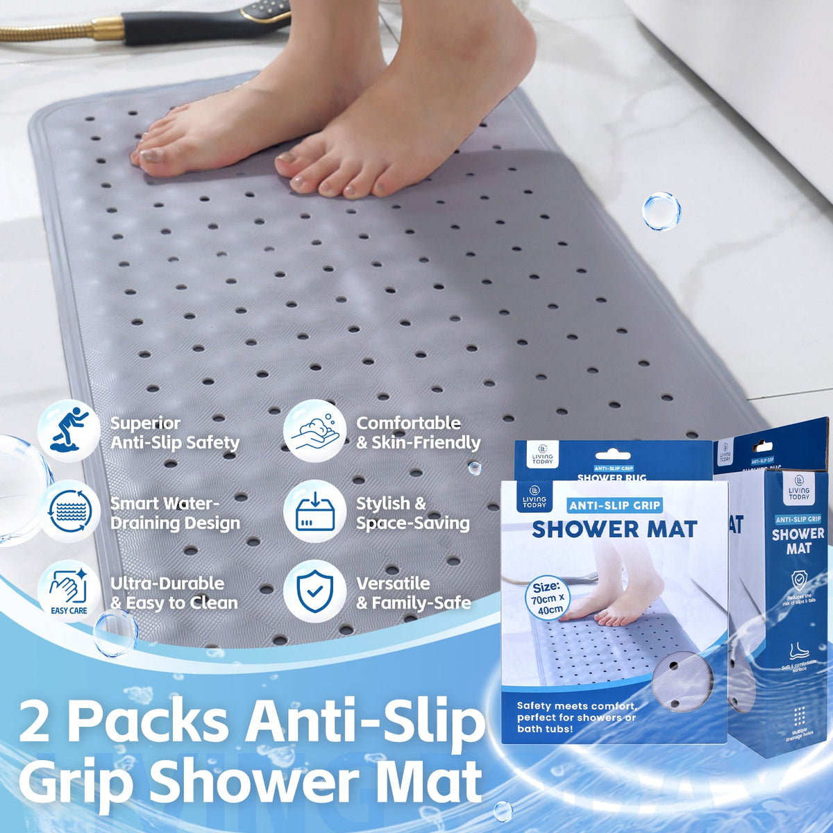 2Pack 70 40 cm Anti Slip Grip Shower Mat Quick Dry 100 Suction Cups 70×40 cm