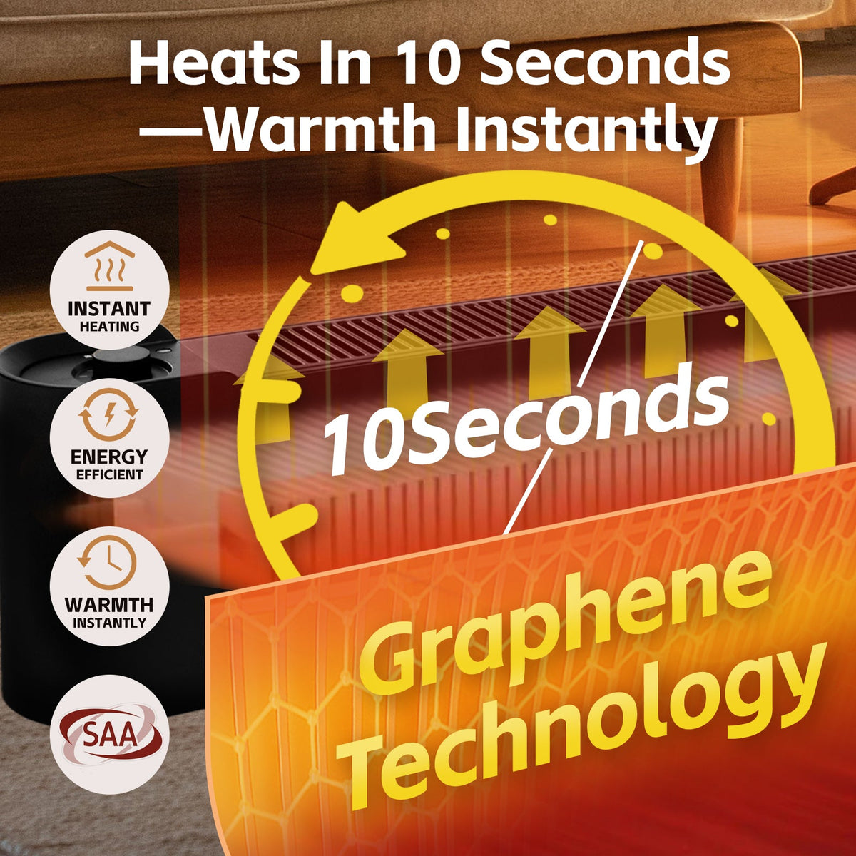 2200W Graphene Floor Electric Heater Fast Heating Efficient Portable Heater