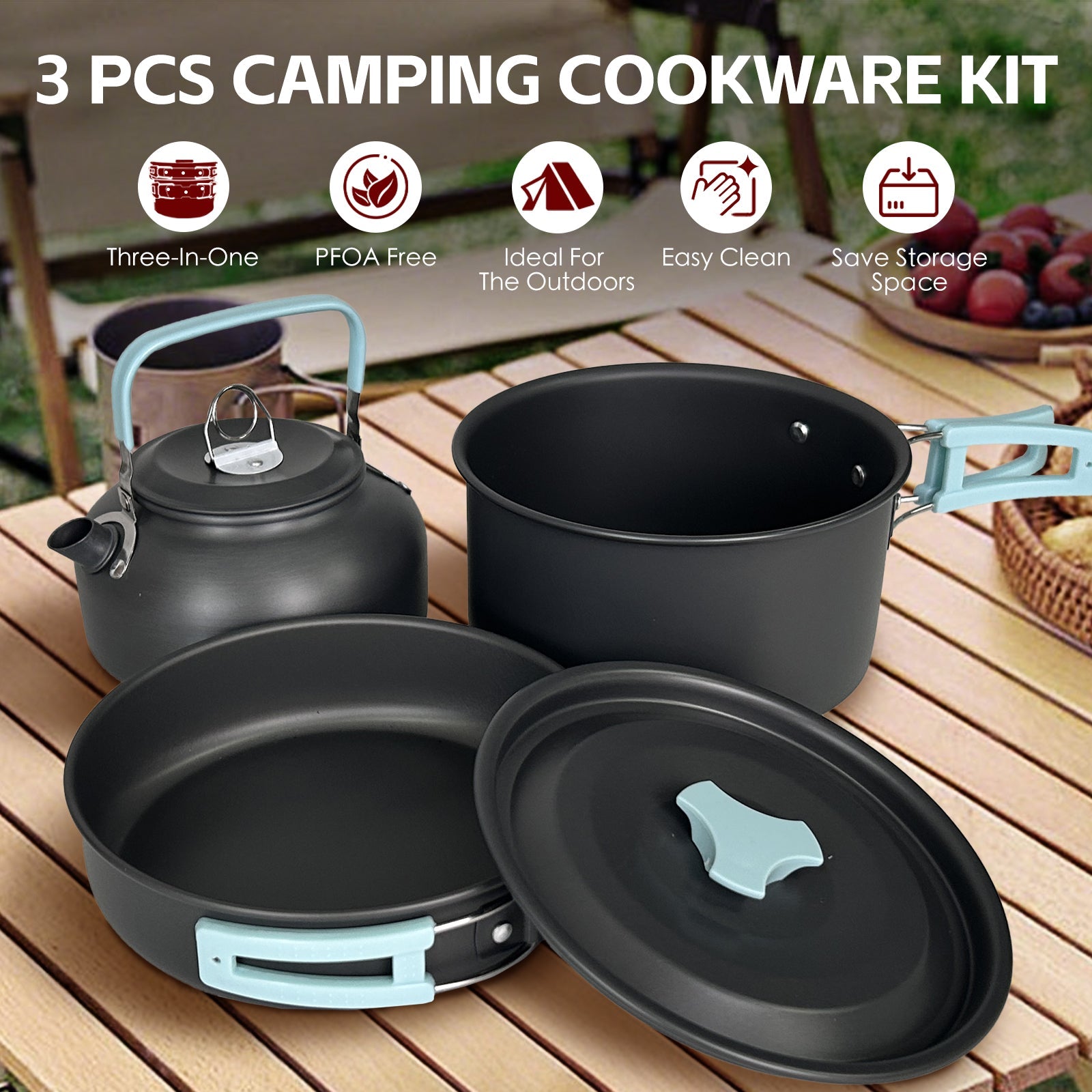 3Pcs Camping Cooking Set Anodised Aluminium Cookware Kit Heat Resistant Handles