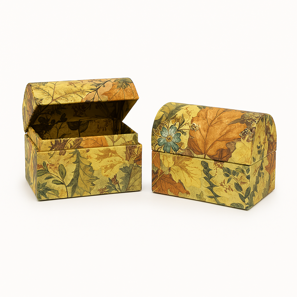 2 pk Decorative Floral Boxes Autumn Leaf Pattern Handmade Paper Trinket Boxes