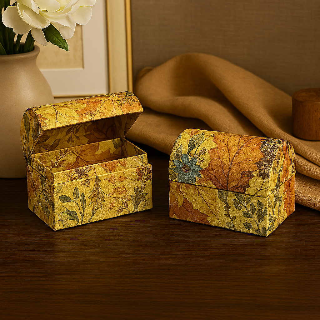 2 pk Decorative Floral Boxes Autumn Leaf Pattern Handmade Paper Trinket Boxes
