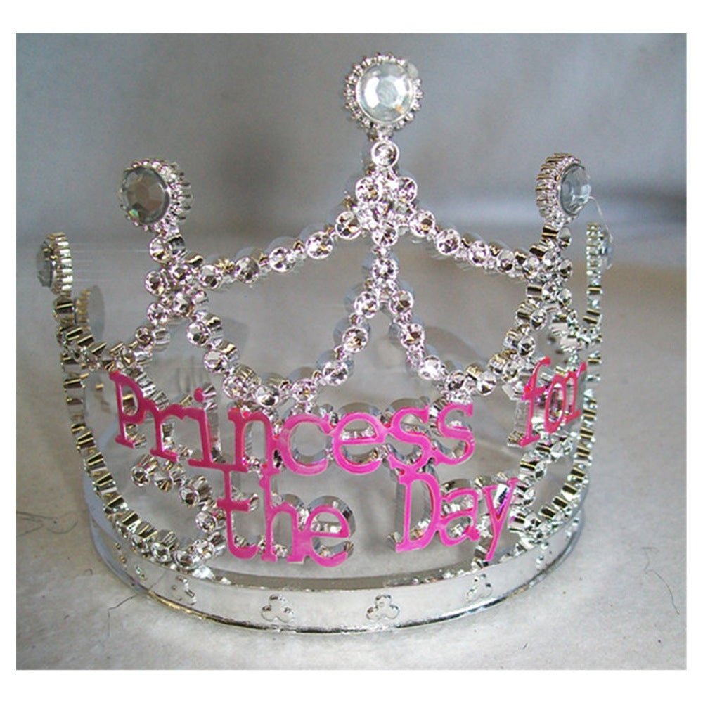Princess for the Day Tiara Silver Rhinestone Crown w/ Pink Lettering Silver