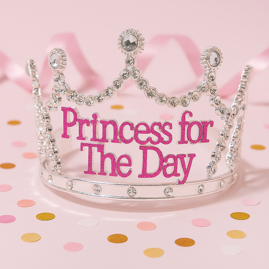 Princess for the Day Tiara Silver Rhinestone Crown w/ Pink Lettering Silver