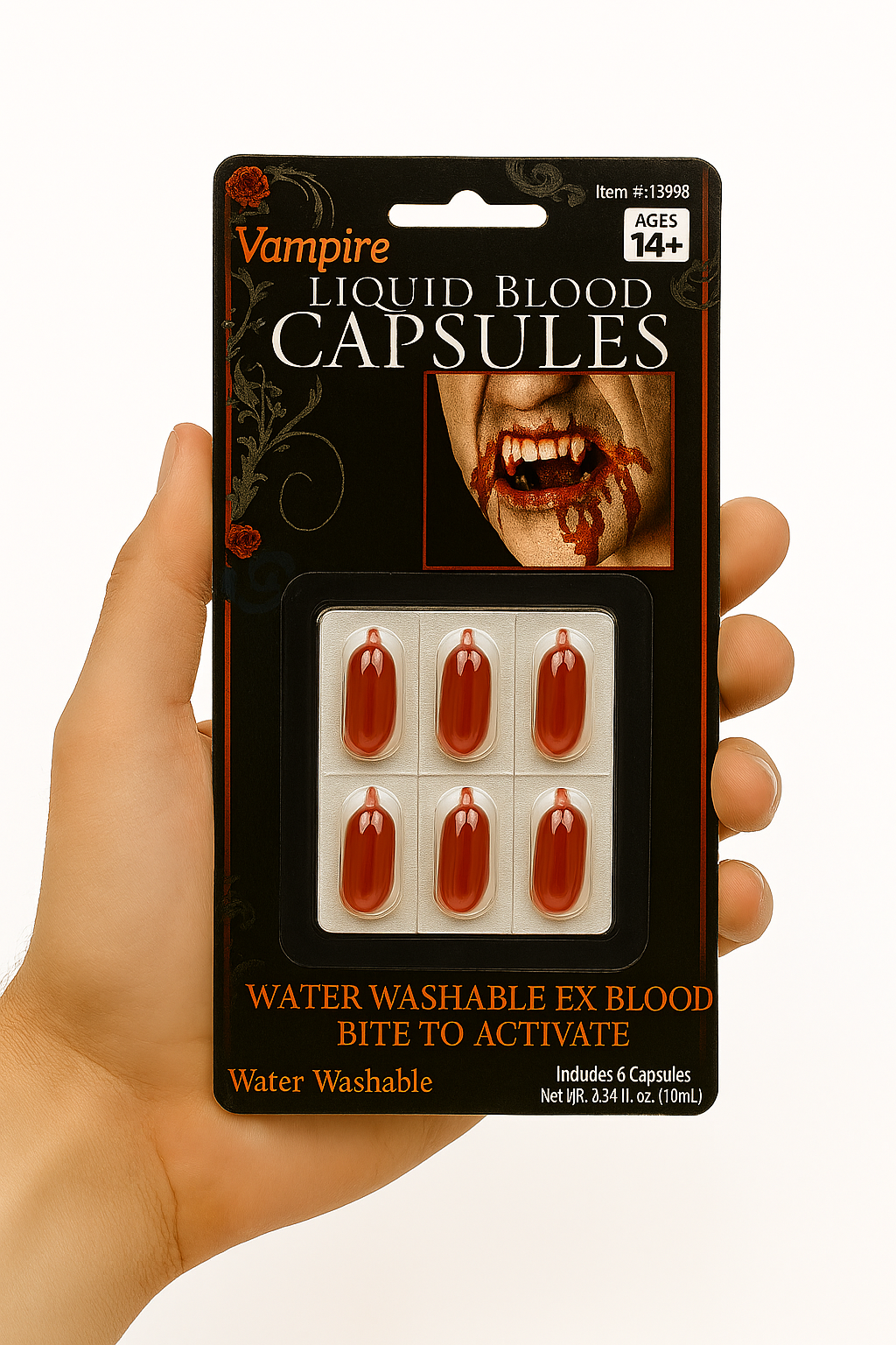 Vampire Liquid Blood Capsules – Halloween Costume FX, Water Washable, 6-Pack