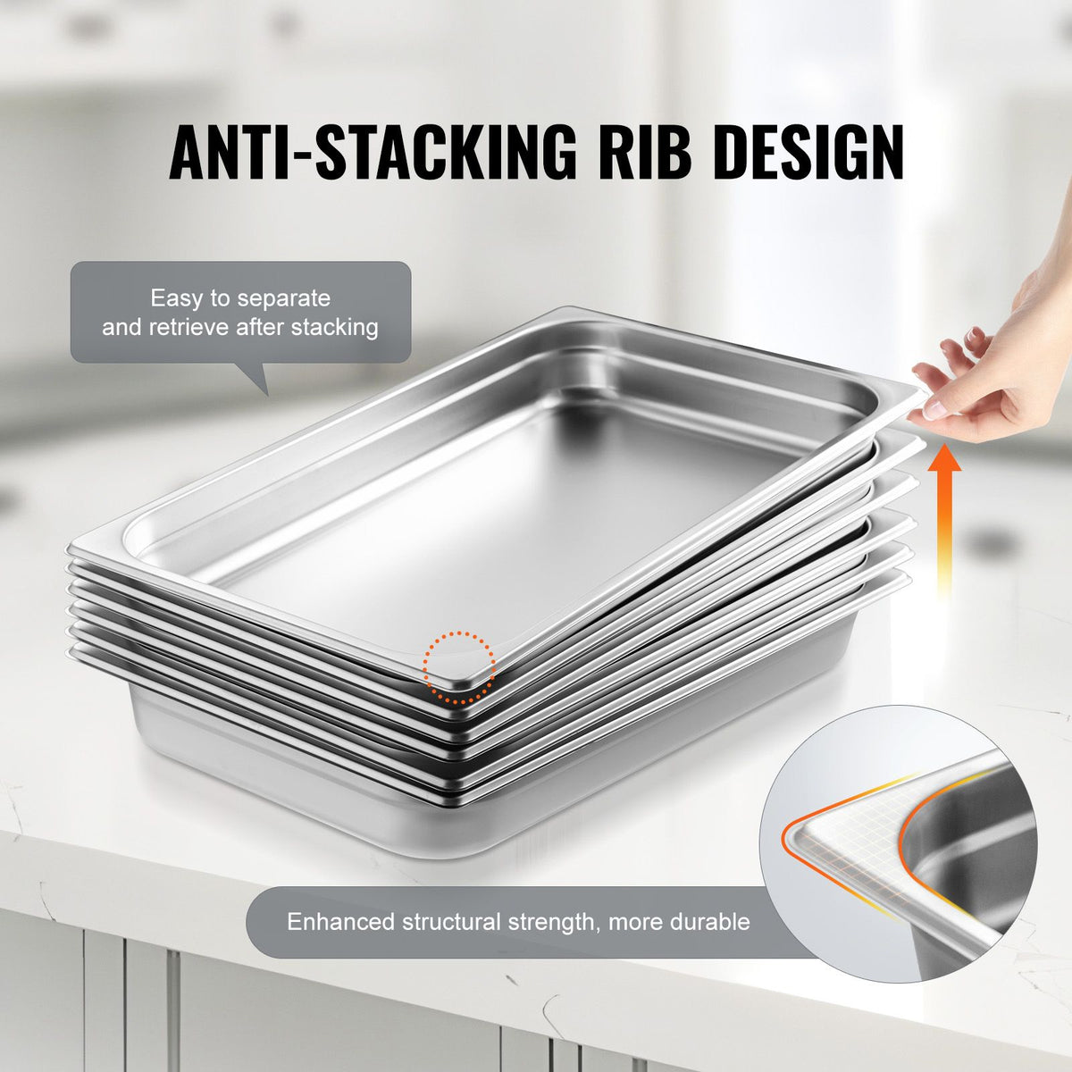 6 Pack Hotel Pans, Full Size Anti-Jam Steam Pan, 0.8mm Thick Stainless Steel Restaurant Steam Table Pan, 2.5-Inch Deep Commercial Table Pan, Catering Storage Food Pan, for Industrial & Scientifi