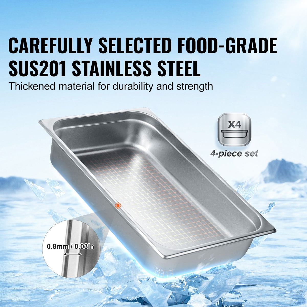 4 Pack Hotel Pans, Full Size Anti-Jam Steam Pan with Lid, 0.8mm Thick Stainless Steel Steam Table Pan, 4-Inch Deep Commercial Table Pan, Catering Storage Food Pan, for Industrial & Scientific