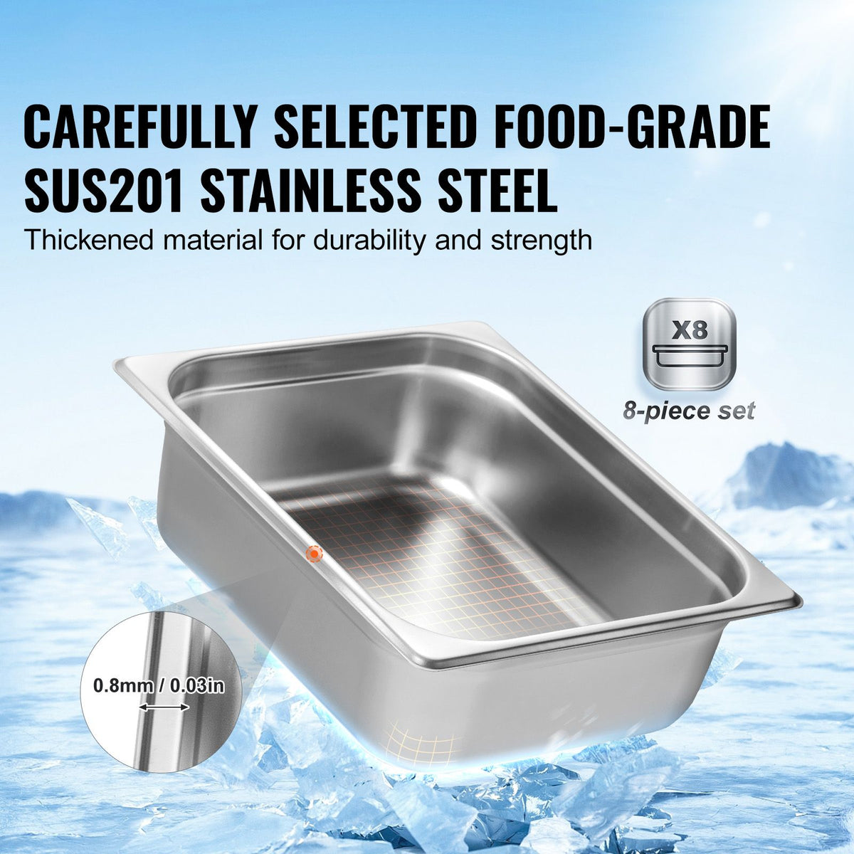 8 Pack Hotel Pans, 1/2 Size Anti-Jam Steam Pan with Lid, 0.8mm Thick Stainless Steel Steam Table Pan, 4-Inch Deep Commercial Table Pan, Catering Storage Food Pan, for Industrial & Scientific