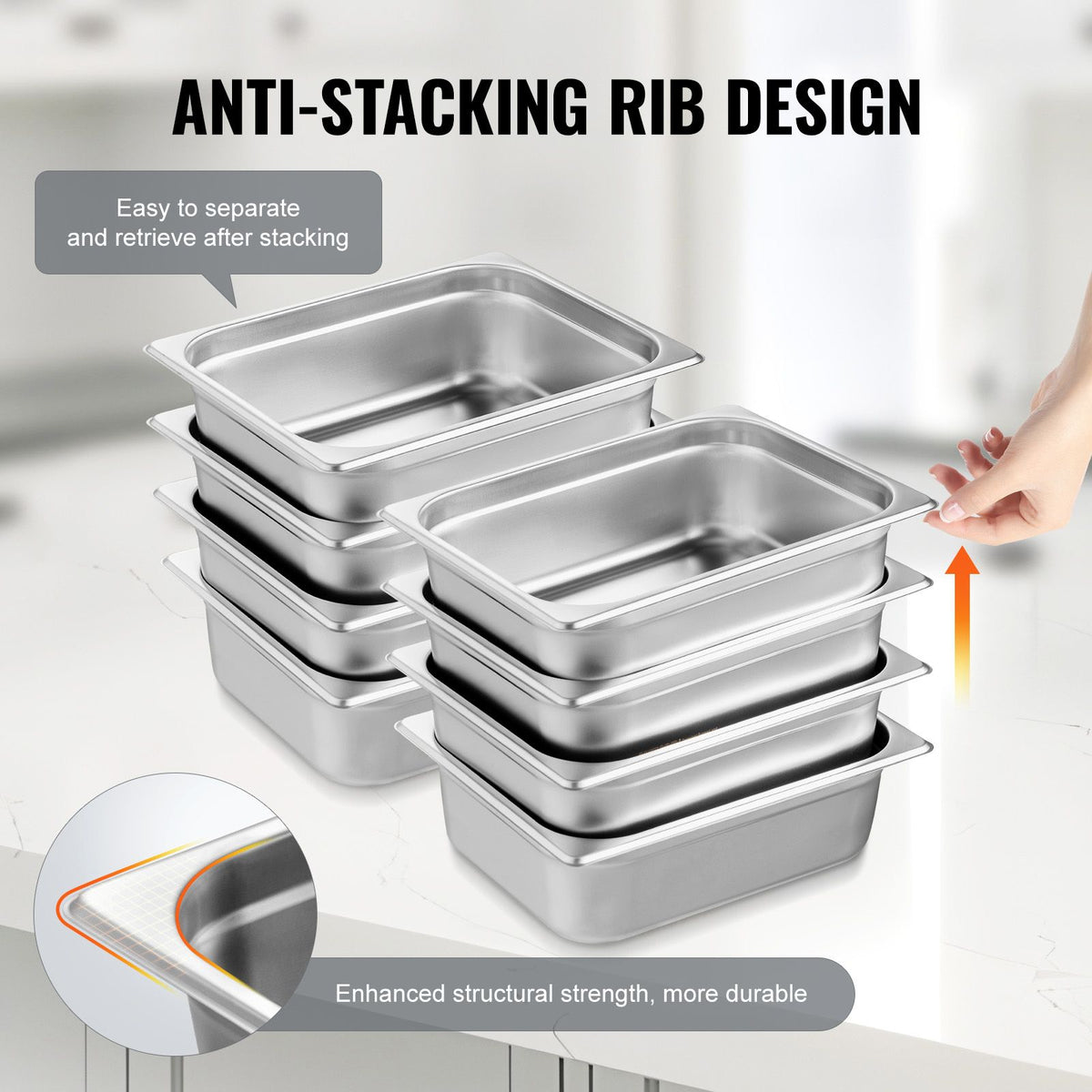 8 Pack Hotel Pans, 1/2 Size Anti-Jam Steam Pan with Lid, 0.8mm Thick Stainless Steel Steam Table Pan, 4-Inch Deep Commercial Table Pan, Catering Storage Food Pan, for Industrial & Scientific