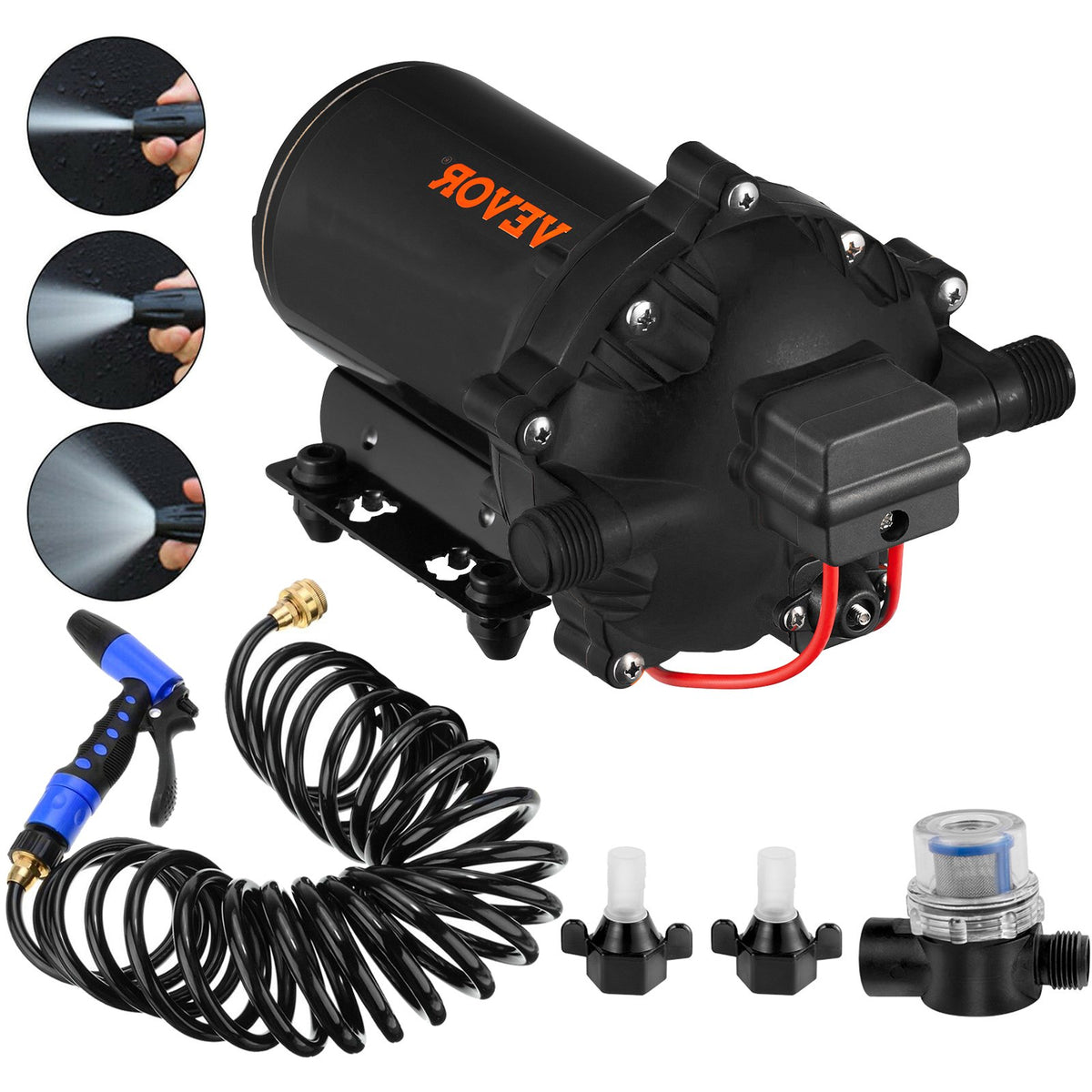 RV Water Pump 5.3 GPM 5.5 Gallons Per Minute 12V Water Pump Automatic 70 PSI Diaphragm Pump with 25 Foot Coiled Hose Washdown Pumps for Boats Caravan Rv Marine Yacht