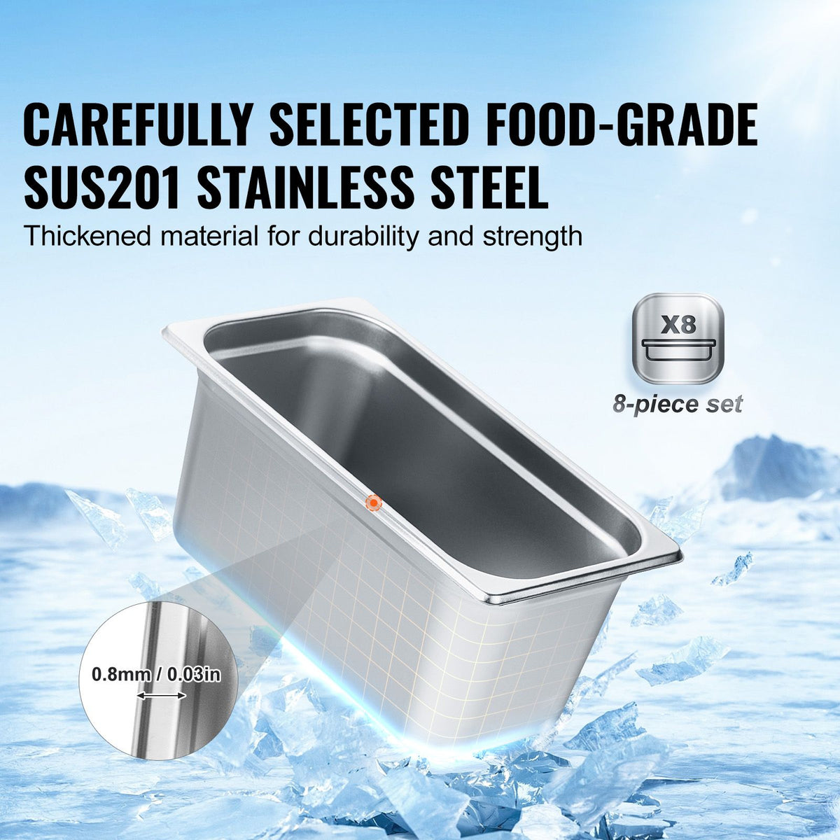 8 Pack Hotel Pans, 1/3 Size Anti-Jam Steam Pan with Lid, 0.8mm Thick Stainless Steel Steam Table Pan, 6-Inch Deep Commercial Table Pan, Catering Storage Food Pan, for Industrial & Scientific