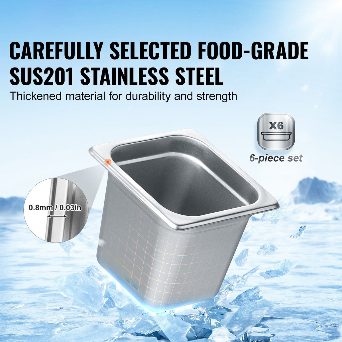 6 Pack Hotel Pans, 1/6 Size Anti-Jam Steam Pan, 0.8mm Thick Stainless Steel Restaurant Steam Table Pan, 6-Inch Deep Commercial Table Pan, Catering Storage Food Pan, for Industrial & Scientific