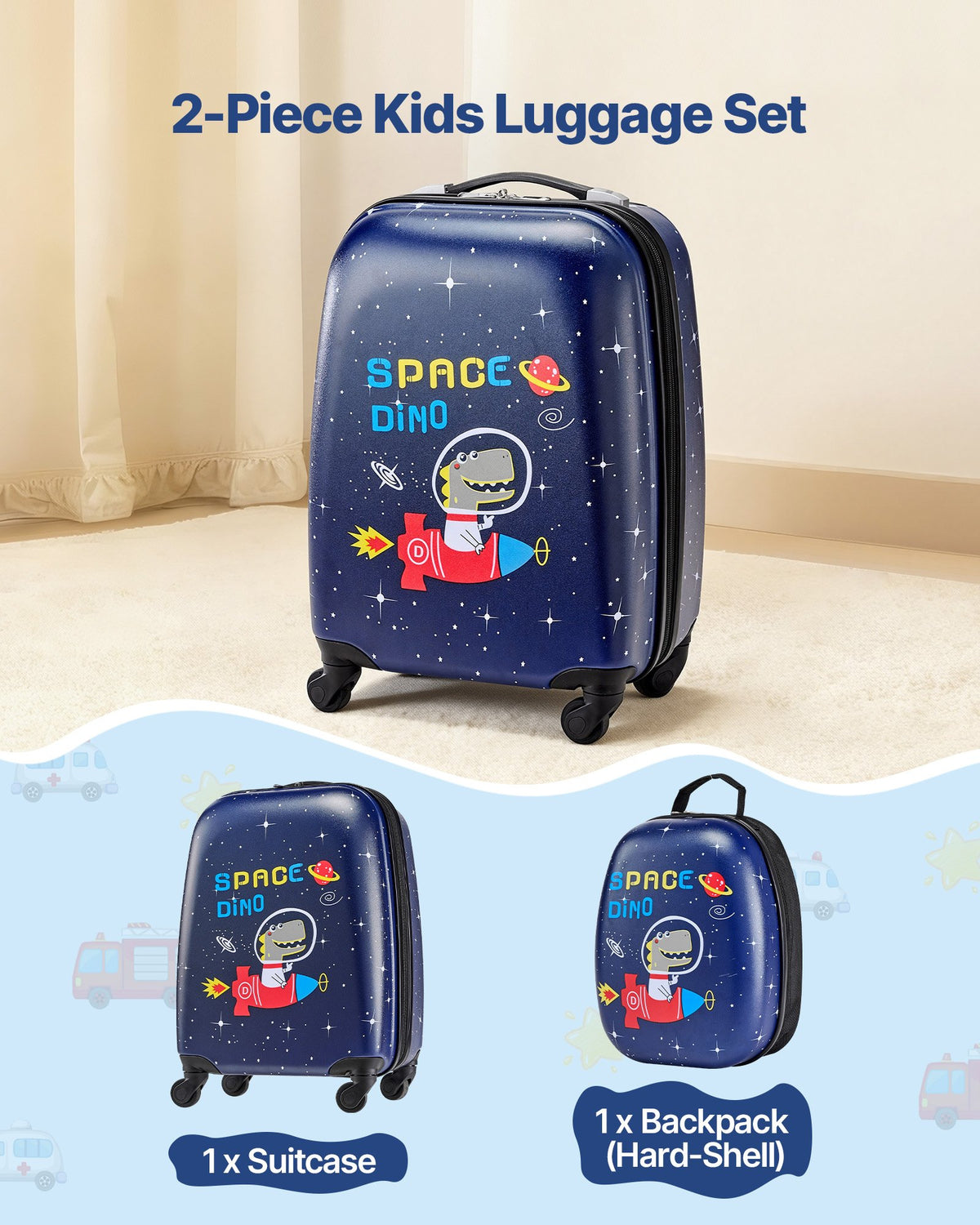 Kids Luggage Set, 2 Piece, 45.7 cm Hardside Rolling Wheels Suitcase with Hard-Shell Backpack, Dinosaur Kids Carry on Luggage Set, Holiday Birthday Present for Girls & Boys, Airline Approved