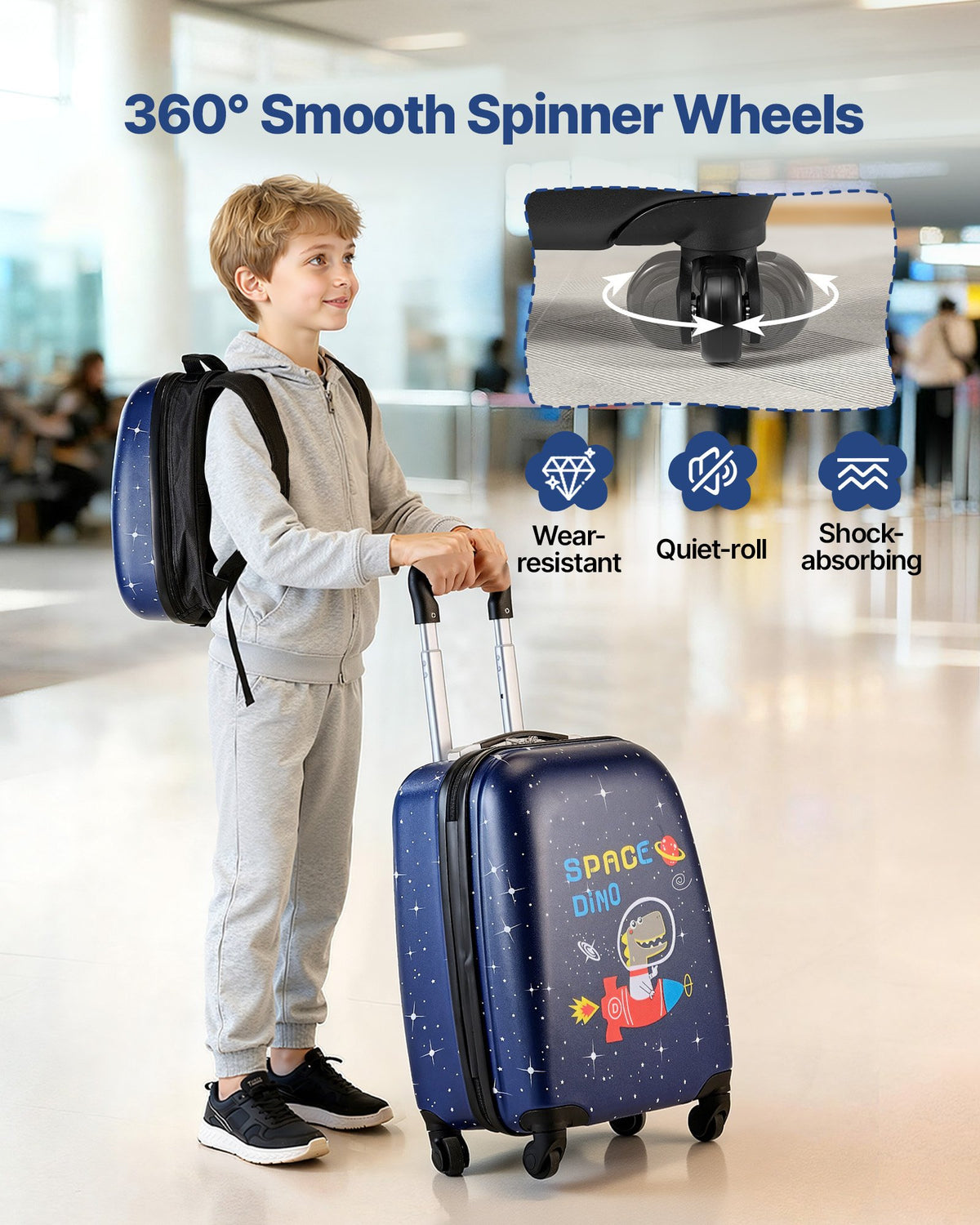 Kids Luggage Set, 2 Piece, 45.7 cm Hardside Rolling Wheels Suitcase with Hard-Shell Backpack, Dinosaur Kids Carry on Luggage Set, Holiday Birthday Present for Girls & Boys, Airline Approved