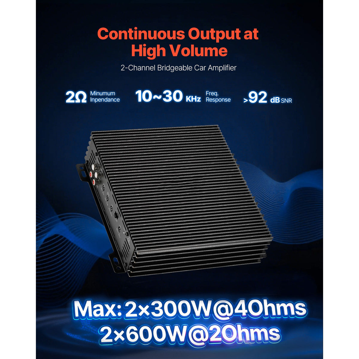 Car Audio Amplifier, 2-Channel Bridgeable Car Amplifier, Full-Range Class AB Stereo Amp, Max. 2 x 300W at 4 Ohms / 2 x 600W at 2 Ohms, High Output, for SUVs, Pickups, and Off-Road Vehicles