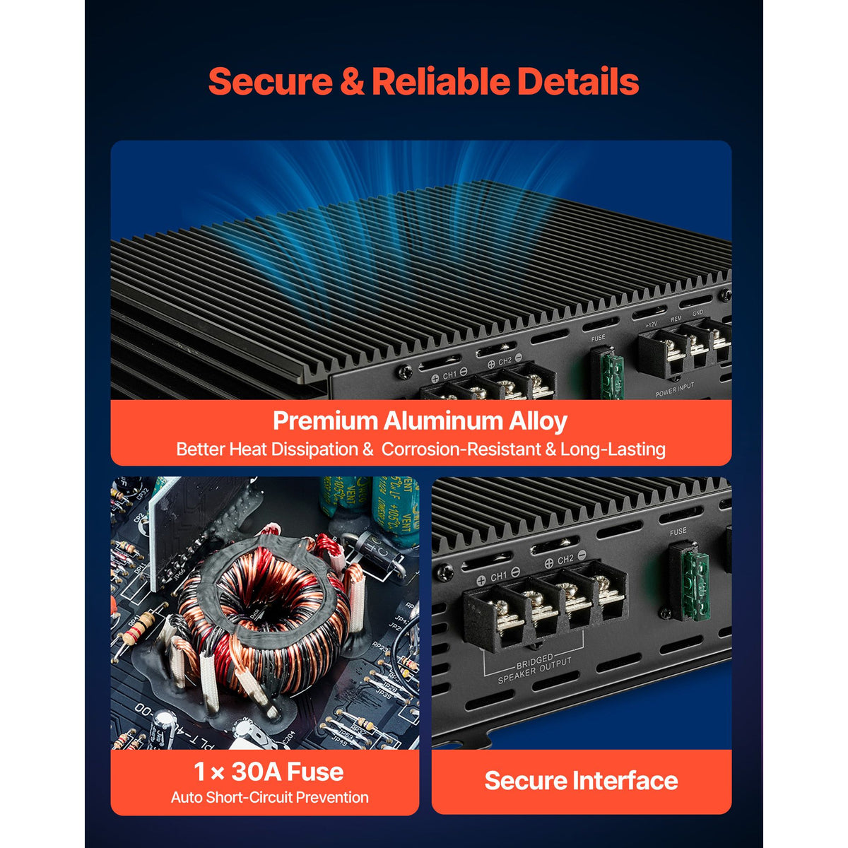 Car Audio Amplifier, 2-Channel Bridgeable Car Amplifier, Full-Range Class AB Stereo Amp, Max. 2 x 300W at 4 Ohms / 2 x 600W at 2 Ohms, High Output, for SUVs, Pickups, and Off-Road Vehicles