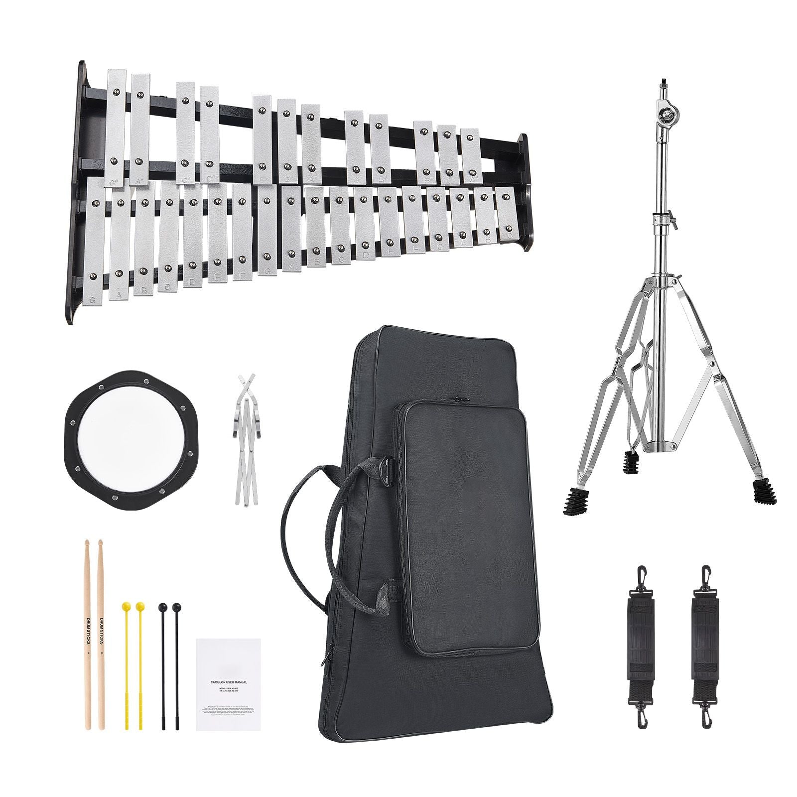30 Note Glockenspiel Xylophone Bell Kit, Professional Percussion Instrument Set with Mallets, Drum Sticks, Music Stand, 8" Practice Pad, Adjustable Stand and Carrying Bag for Students & Adults