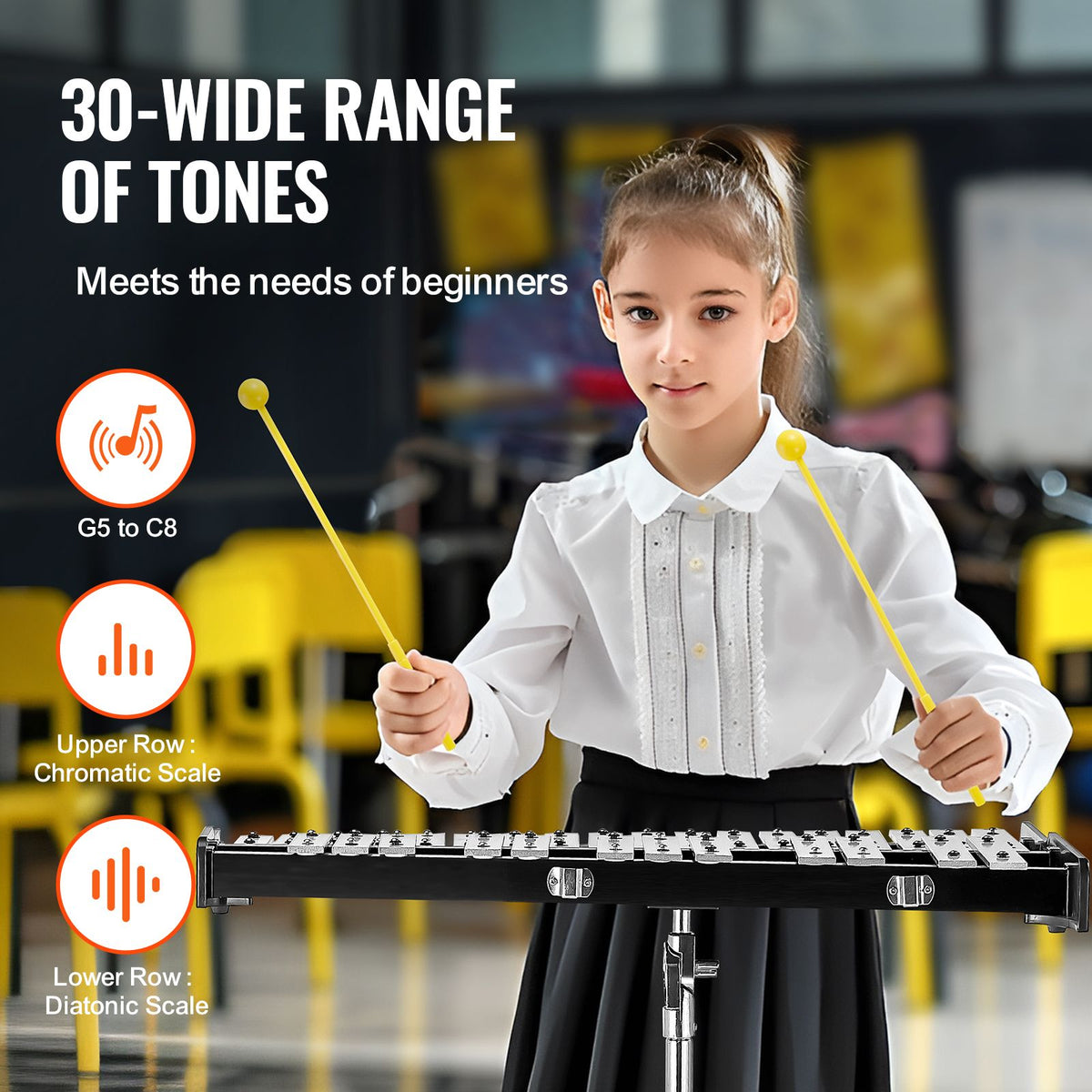 30 Note Glockenspiel Xylophone Bell Kit, Professional Percussion Instrument Set with Mallets, Drum Sticks, Music Stand, 8" Practice Pad, Adjustable Stand and Carrying Bag for Students & Adults