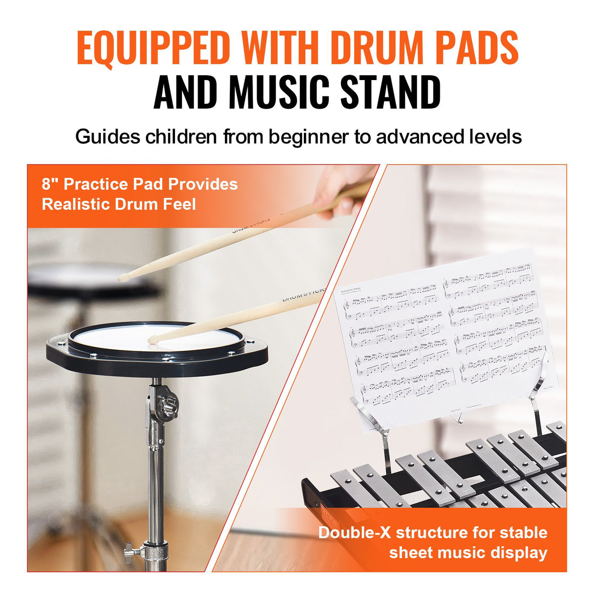 30 Note Glockenspiel Xylophone Bell Kit, Professional Percussion Instrument Set with Mallets, Drum Sticks, Music Stand, 8" Practice Pad, Adjustable Stand and Carrying Bag for Students & Adults