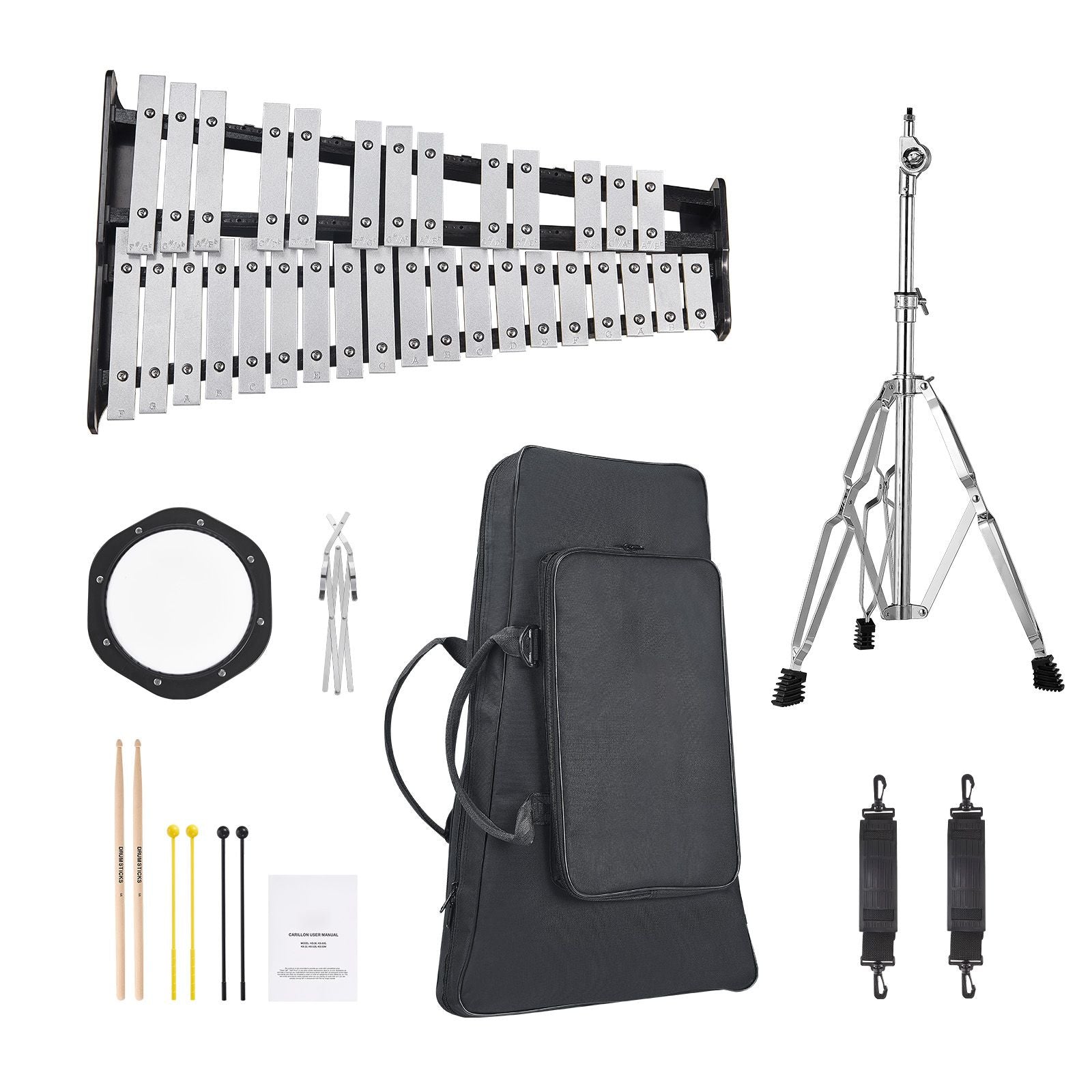 32 Note Glockenspiel Xylophone Bell Kit, Professional Percussion Instrument Set with Mallets, Drum Sticks, Music Stand, 8" Practice Pad, Adjustable Stand and Carrying Bag for Students & Adults