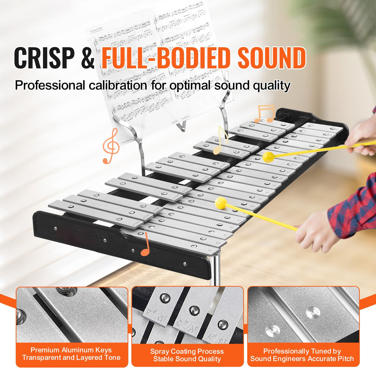 32 Note Glockenspiel Xylophone Bell Kit, Professional Percussion Instrument Set with Mallets, Drum Sticks, Music Stand, 8" Practice Pad, Adjustable Stand and Carrying Bag for Students & Adults