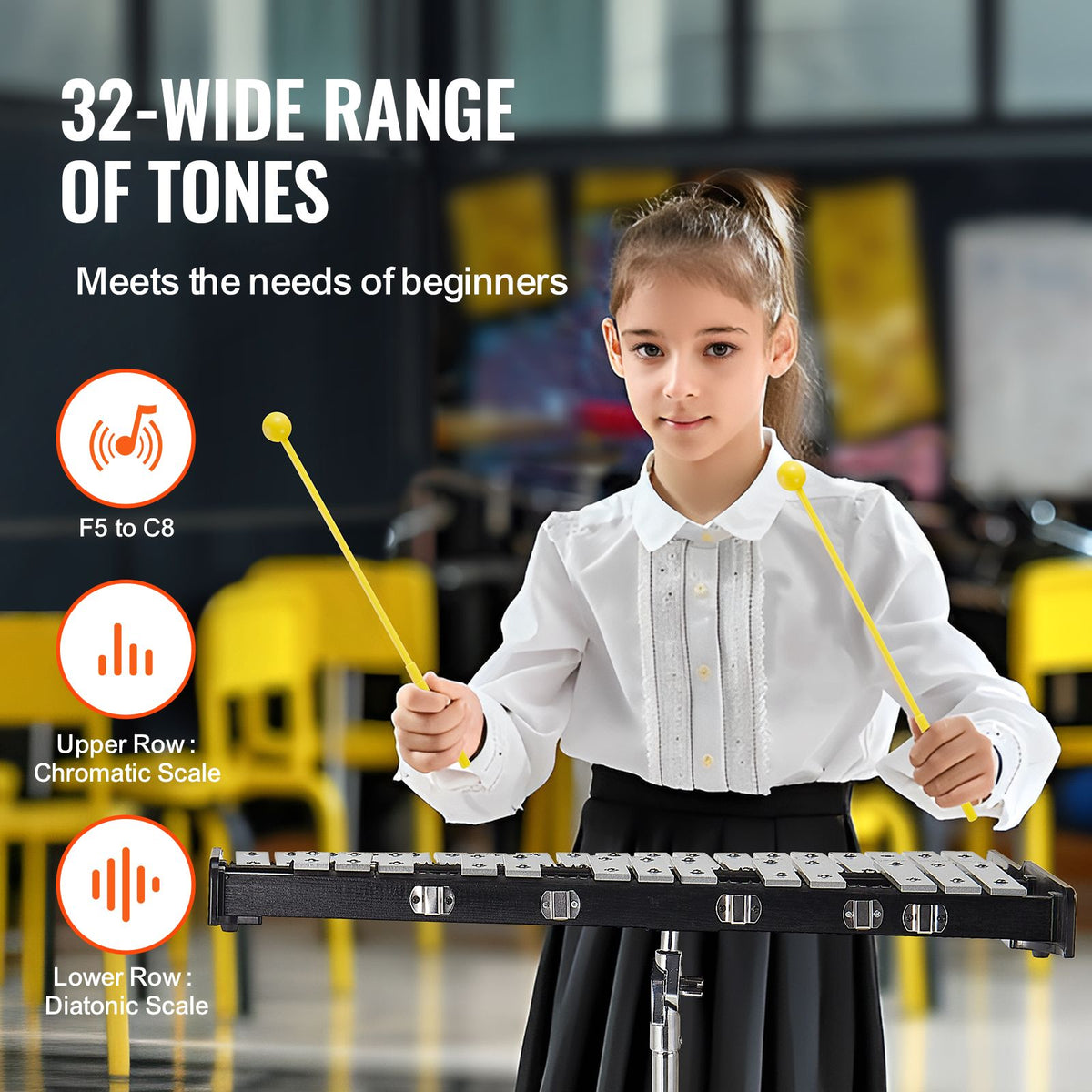 32 Note Glockenspiel Xylophone Bell Kit, Professional Percussion Instrument Set with Mallets, Drum Sticks, Music Stand, 8" Practice Pad, Adjustable Stand and Carrying Bag for Students & Adults