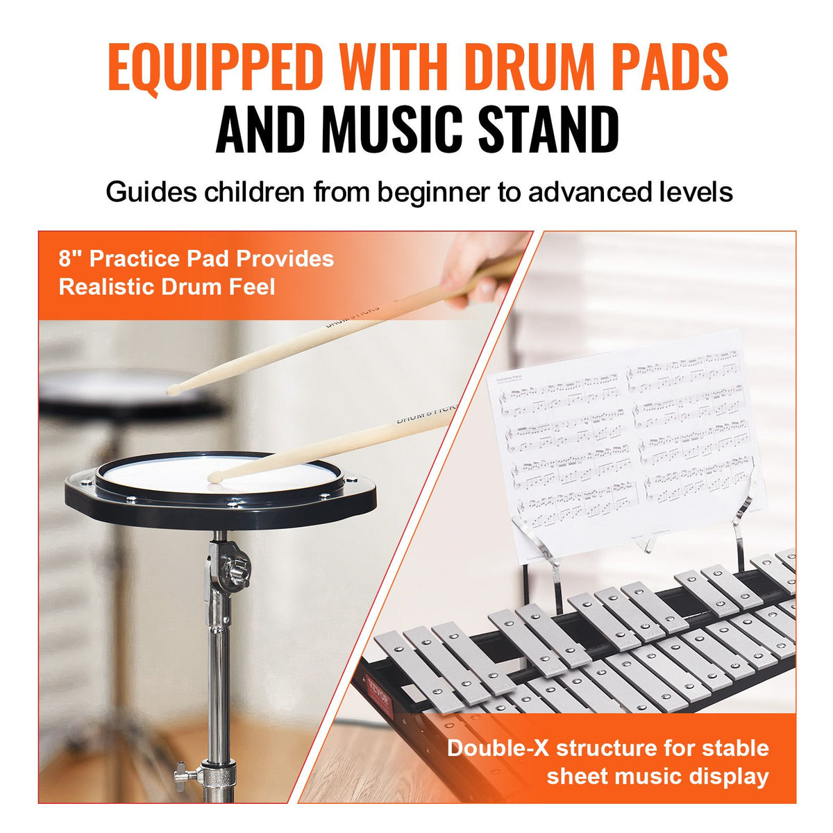 32 Note Glockenspiel Xylophone Bell Kit, Professional Percussion Instrument Set with Mallets, Drum Sticks, Music Stand, 8" Practice Pad, Adjustable Stand and Carrying Bag for Students & Adults