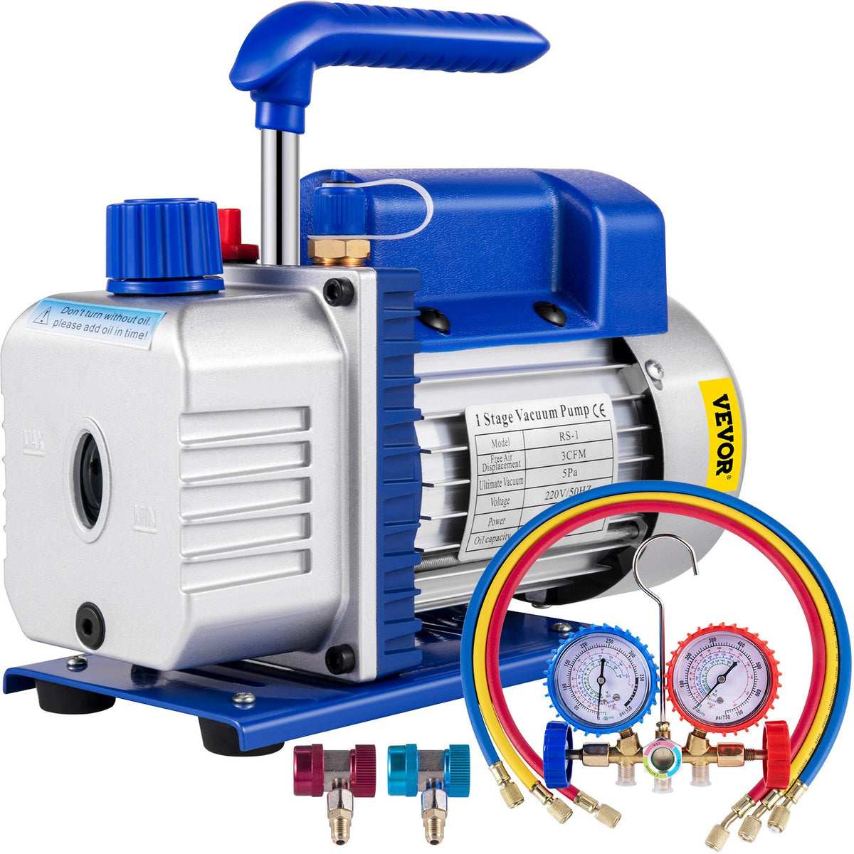 3CFM 84 L/M 1-Stage, Refrigerant Vacuum Pump Refrigeration Gauges A/C Air Conditioning 1440 RPM 1/4 HP, 3 pcs hoses 800 PSI Refrigeration Gauges