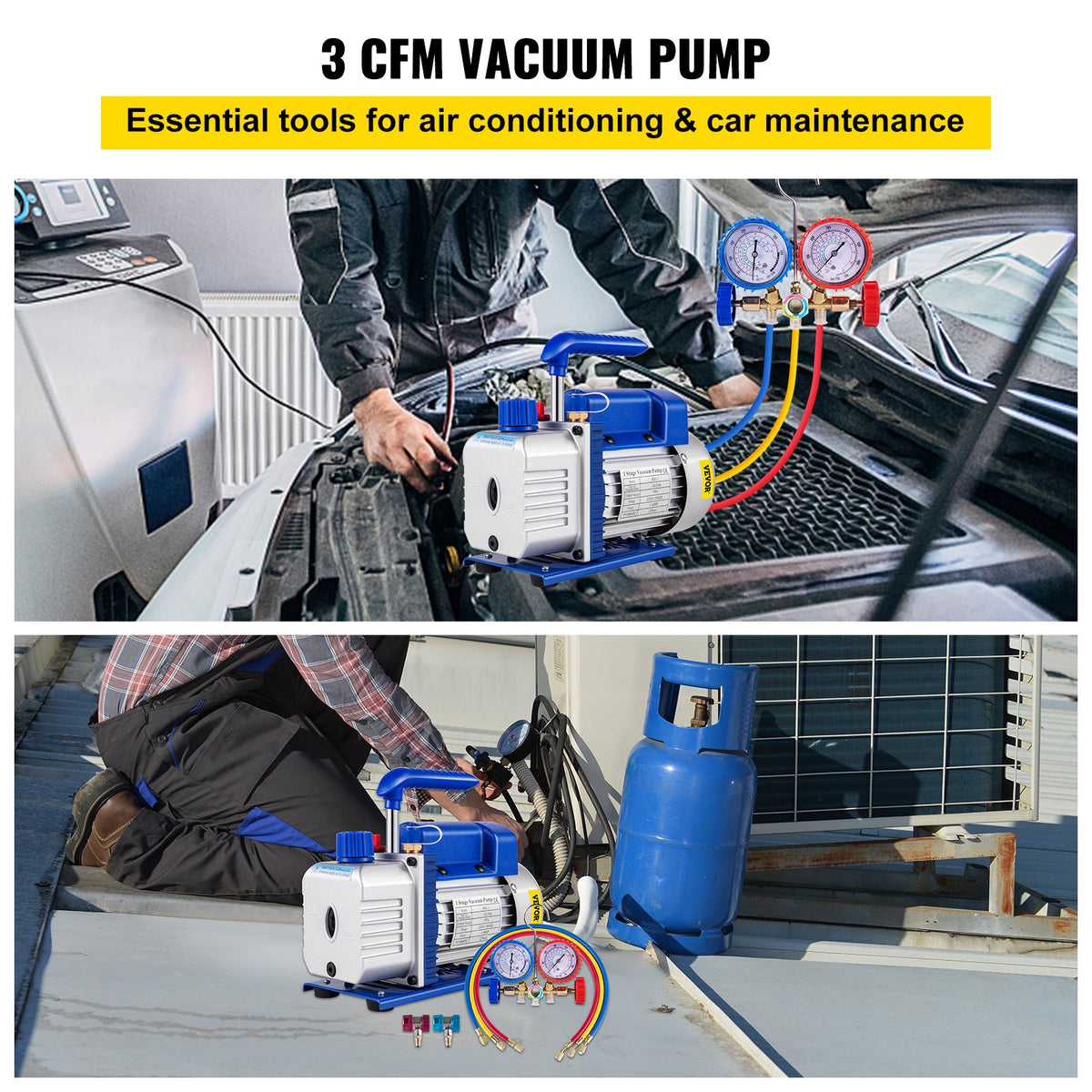 3CFM 84 L/M 1-Stage, Refrigerant Vacuum Pump Refrigeration Gauges A/C Air Conditioning 1440 RPM 1/4 HP, 3 pcs hoses 800 PSI Refrigeration Gauges