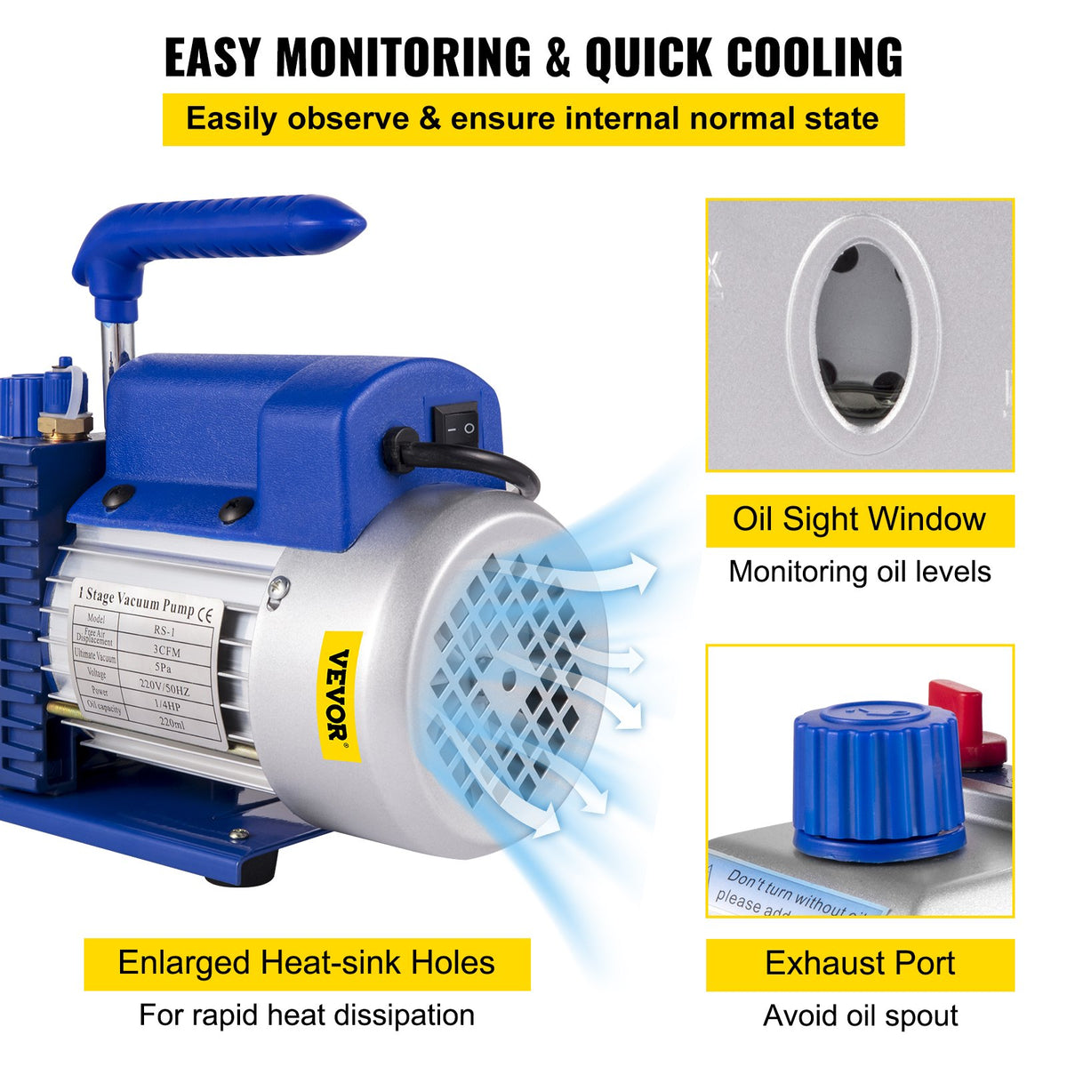3CFM 84 L/M 1-Stage, Refrigerant Vacuum Pump Refrigeration Gauges A/C Air Conditioning 1440 RPM 1/4 HP, 3 pcs hoses 800 PSI Refrigeration Gauges