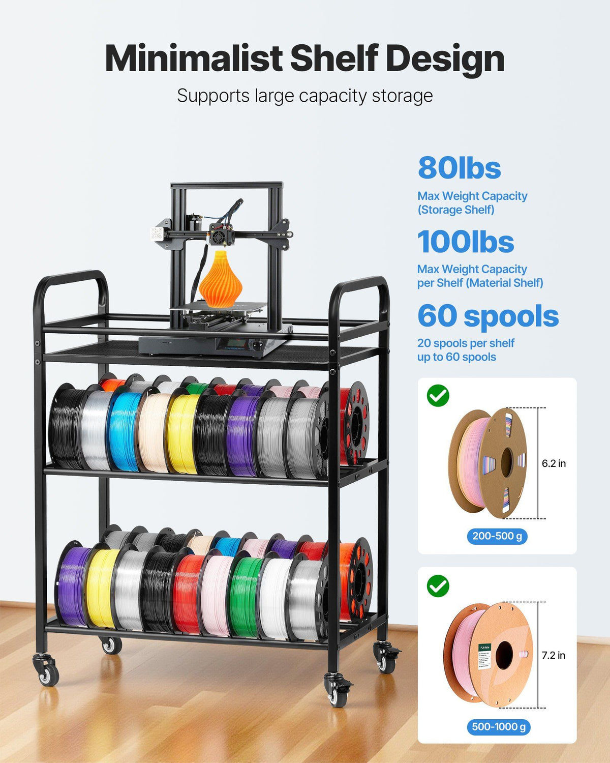 3D Printer Filament Storage Rack, 3 Tier Heavy Duty Storage Shelf, Rolling Filament Spool Holders Racks with Wheels, Filaments Organzied for 3D Printing Station, Office, Workshop (Shelf Only)