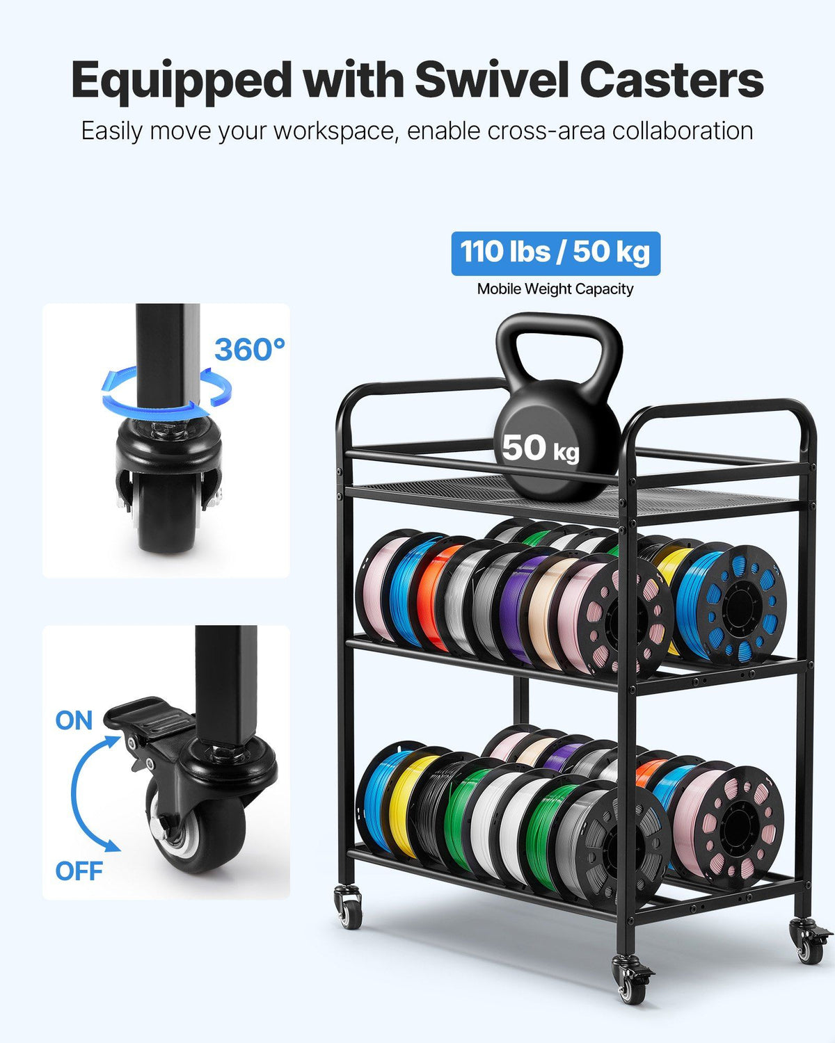 3D Printer Filament Storage Rack, 3 Tier Heavy Duty Storage Shelf, Rolling Filament Spool Holders Racks with Wheels, Filaments Organzied for 3D Printing Station, Office, Workshop (Shelf Only)