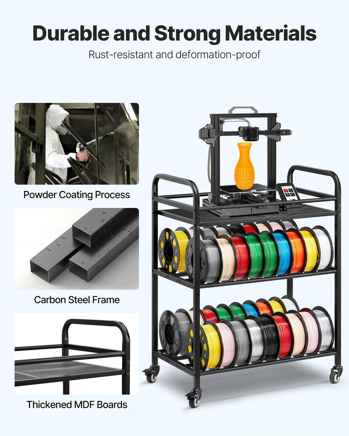 3D Printer Filament Storage Rack, 3 Tier Heavy Duty Storage Shelf, Rolling Filament Spool Holders Racks with Wheels, Filaments Organzied for 3D Printing Station, Office, Workshop (Shelf Only)