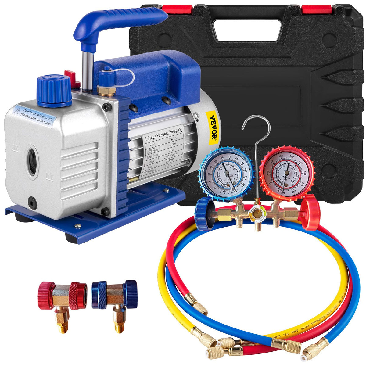 4CFM 1/4HP Rotary Vane Vacuum Pump + R134AManifold Gauge Tester Charging +Hose