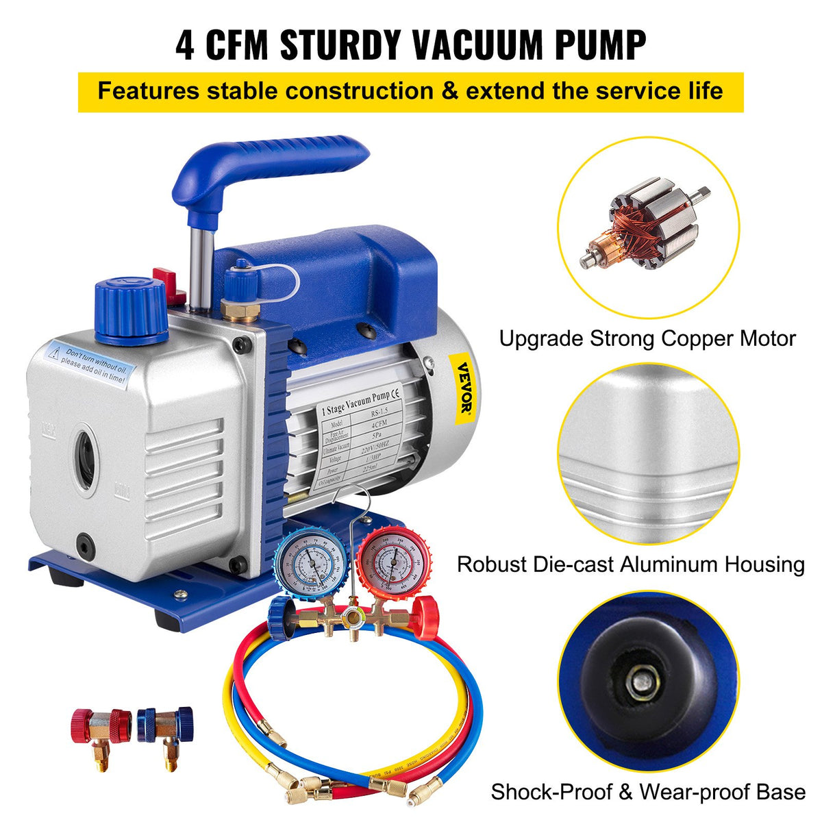 4CFM 1/4HP Rotary Vane Vacuum Pump + R134AManifold Gauge Tester Charging +Hose