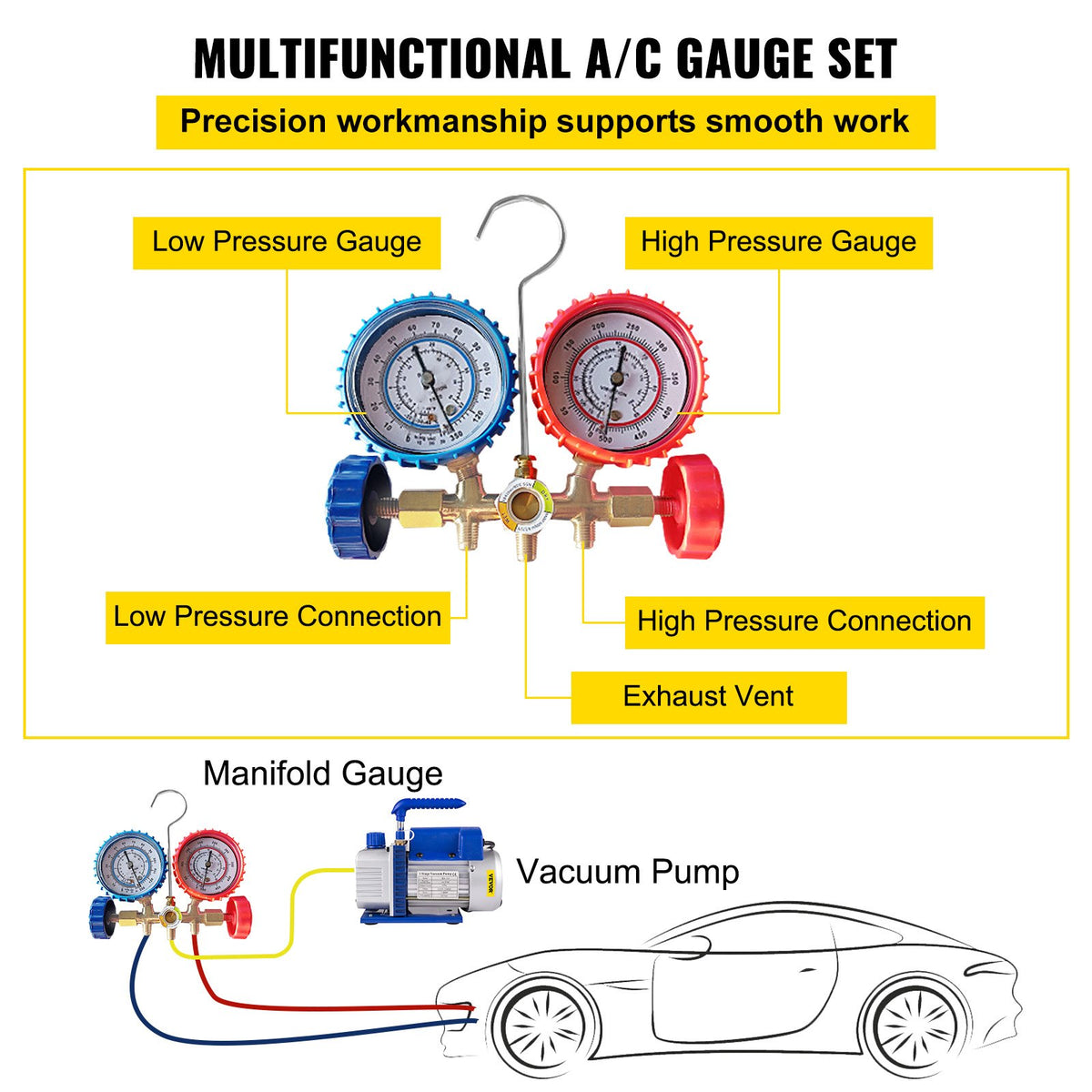 4CFM 1/4HP Rotary Vane Vacuum Pump + R134AManifold Gauge Tester Charging +Hose