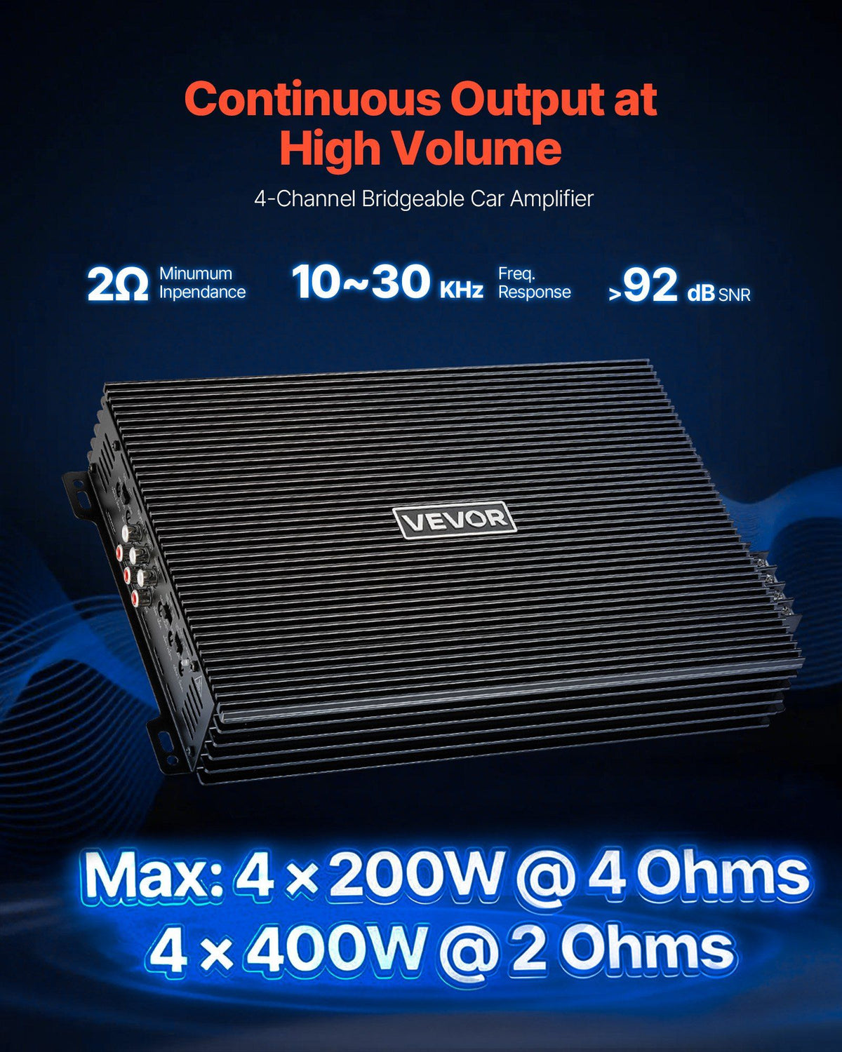 Car Audio Amplifier, 4-Channel Bridgeable Car Amplifier, Multichannel Class AB Stereo Amp, Max. 4 x 200W at 4 Ohms / 4 x 400W at 2 Ohms, High Output, for SUVs, Pickups, and Off-Road Vehicles