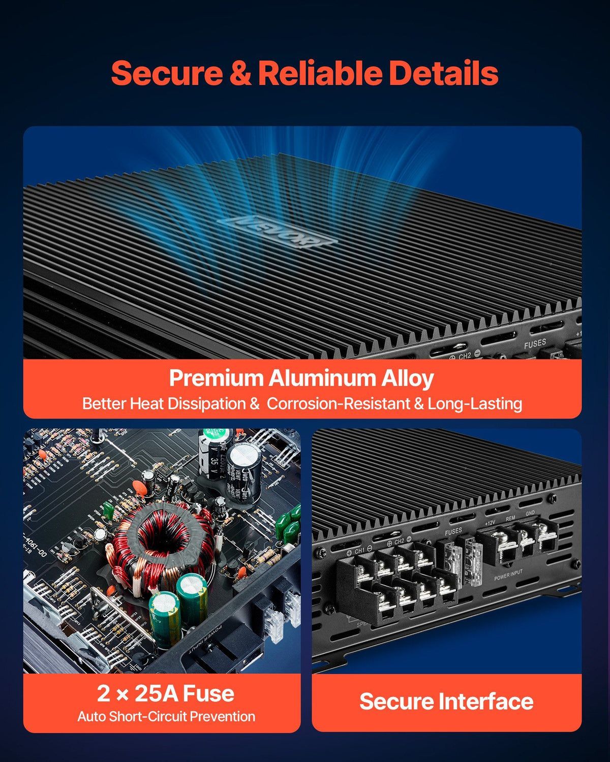 Car Audio Amplifier, 4-Channel Bridgeable Car Amplifier, Multichannel Class AB Stereo Amp, Max. 4 x 200W at 4 Ohms / 4 x 400W at 2 Ohms, High Output, for SUVs, Pickups, and Off-Road Vehicles