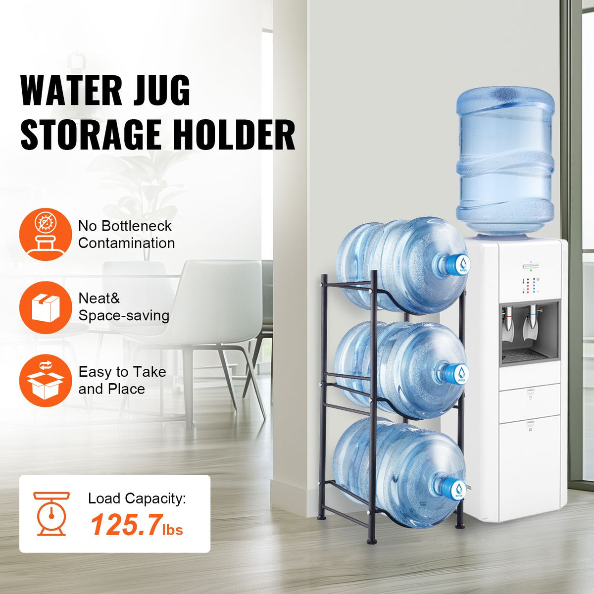 3 Tiers Water Jug Holder, 5 Gallon Water Bottle Holder, Single Row Water Bottle Rack for 3 Bottles, Heavy Duty Water Jug Rack for Kitchen, Office, Living Room, Black