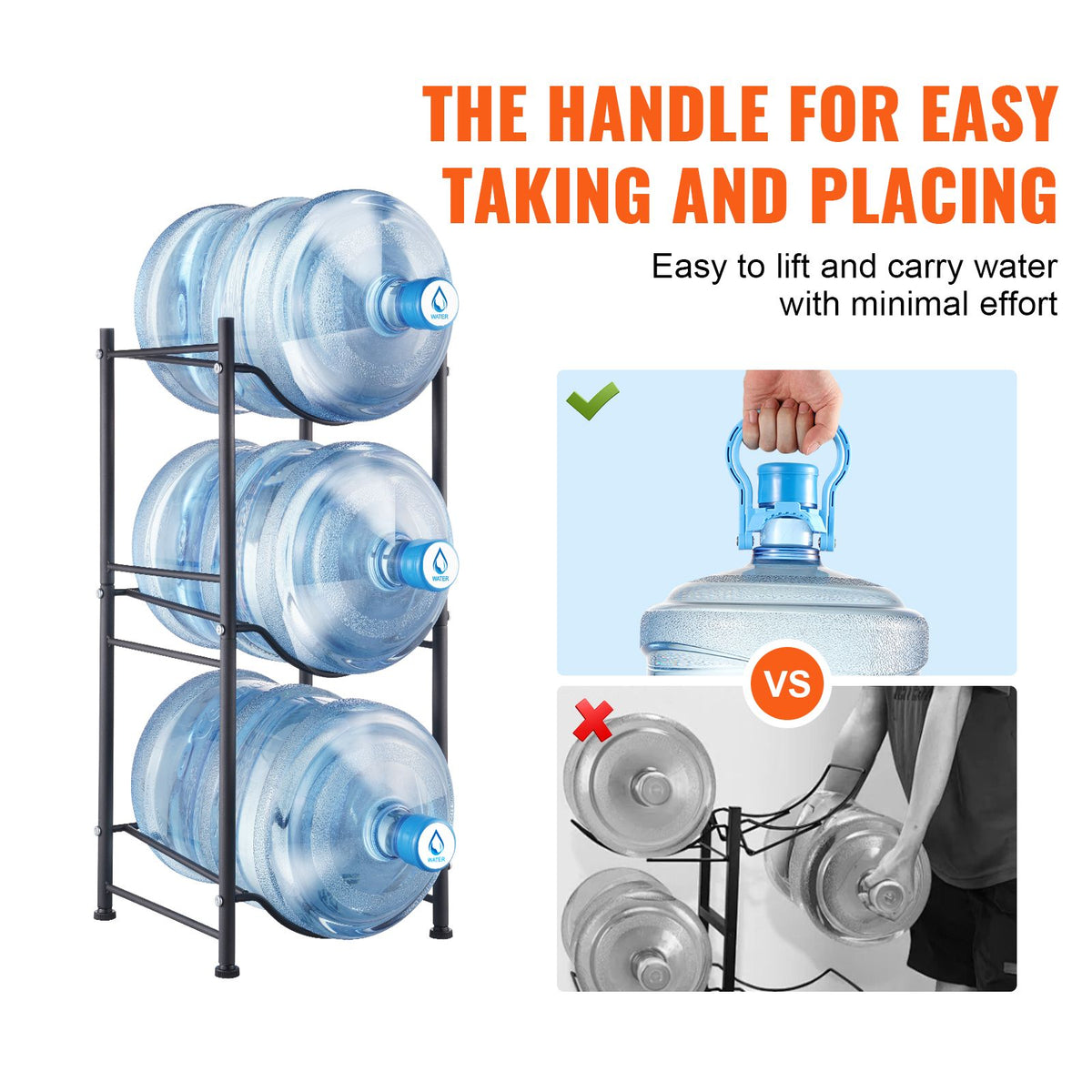 3 Tiers Water Jug Holder, 5 Gallon Water Bottle Holder, Single Row Water Bottle Rack for 3 Bottles, Heavy Duty Water Jug Rack for Kitchen, Office, Living Room, Black