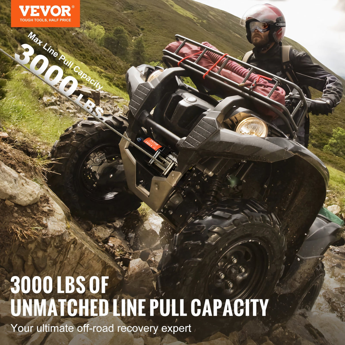 Electric Winch, 1361 kg Line Pull Capacity, 12V DC ATV/UTV Winch with Φ0.5 x 1188.7 cm 7 Strands Steel Cable Roller Fairlead Wired Remote Control, IP55 Waterproof for Towing UTV ATV Off-Road