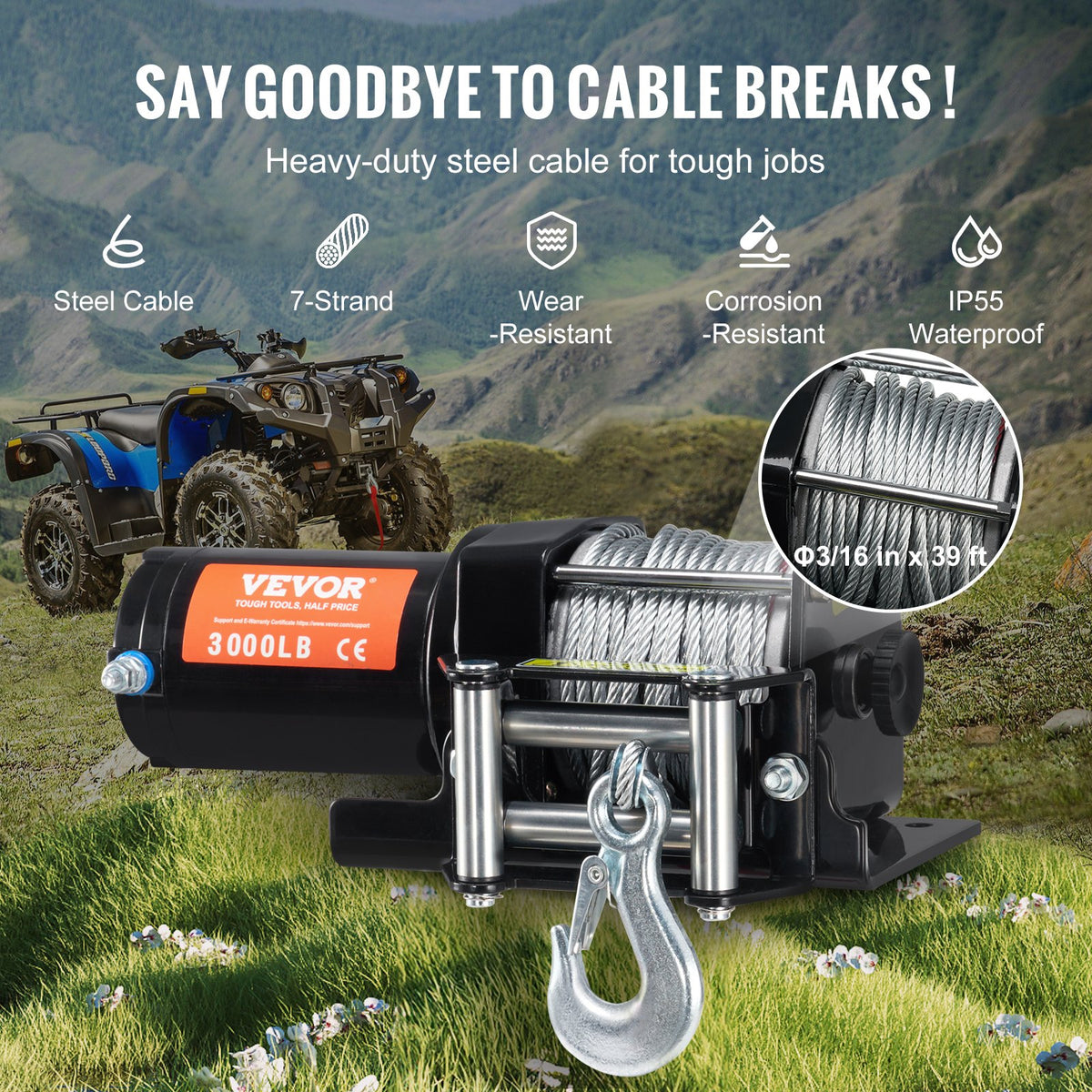 Electric Winch, 1361 kg Line Pull Capacity, 12V DC ATV/UTV Winch with Φ0.5 x 1188.7 cm 7 Strands Steel Cable Roller Fairlead Wired Remote Control, IP55 Waterproof for Towing UTV ATV Off-Road