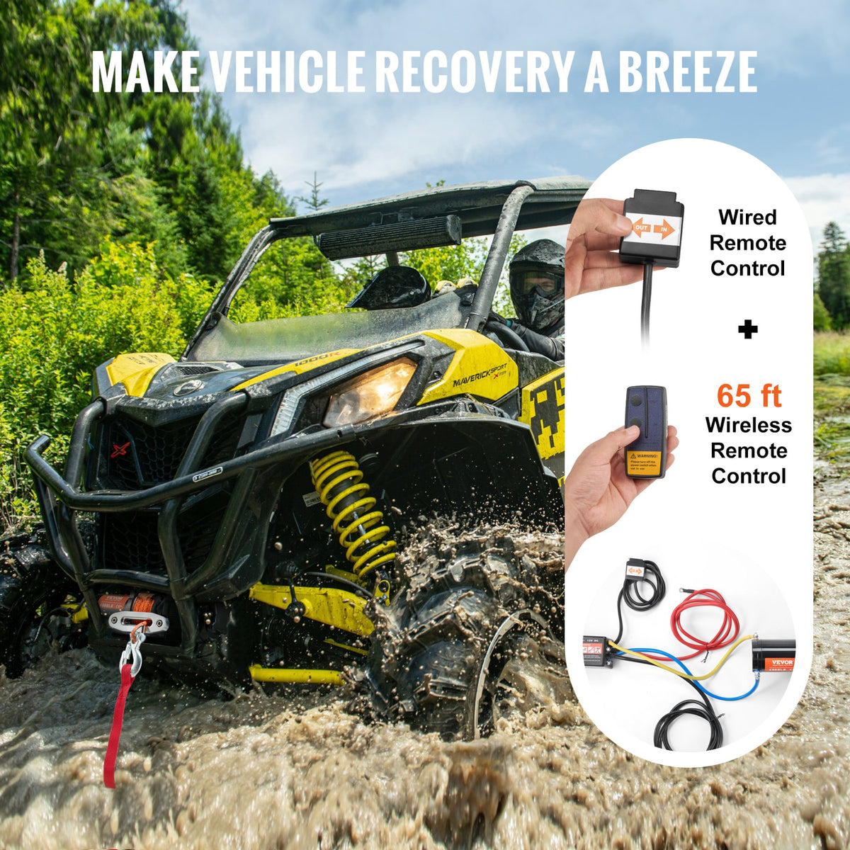Electric Winch ATV UTV 2041 kg Synthetic Rope Waterproof Remote Control