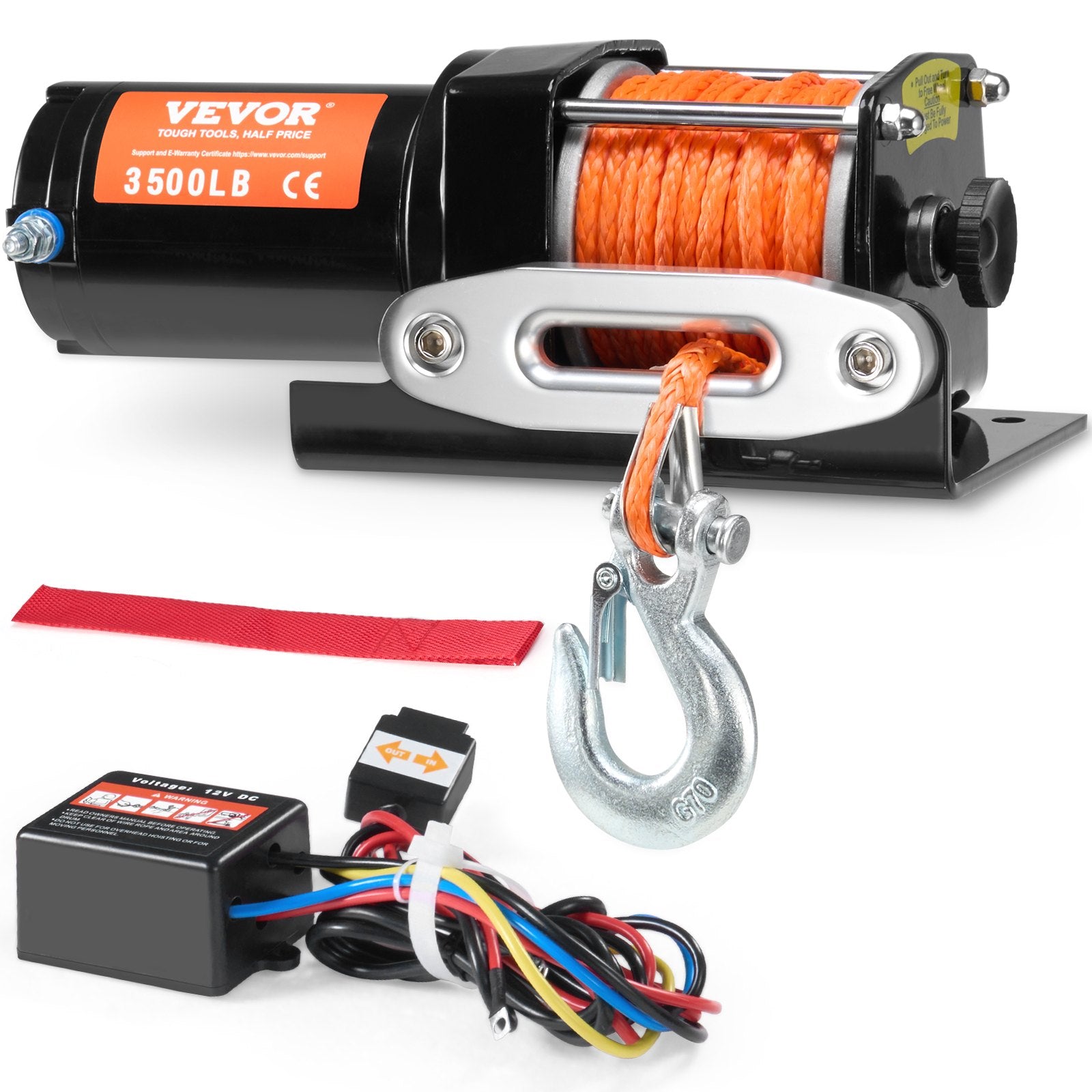 Electric Winch, 1588 kg Line Pull Capacity, 12V DC ATV Winch with Φ0.5 x 1188.7 cm 12 Strands Synthetic Rope Aluminum Fairlead Wired Remote Control, IP55 Waterproof for Towing ATV Boat
