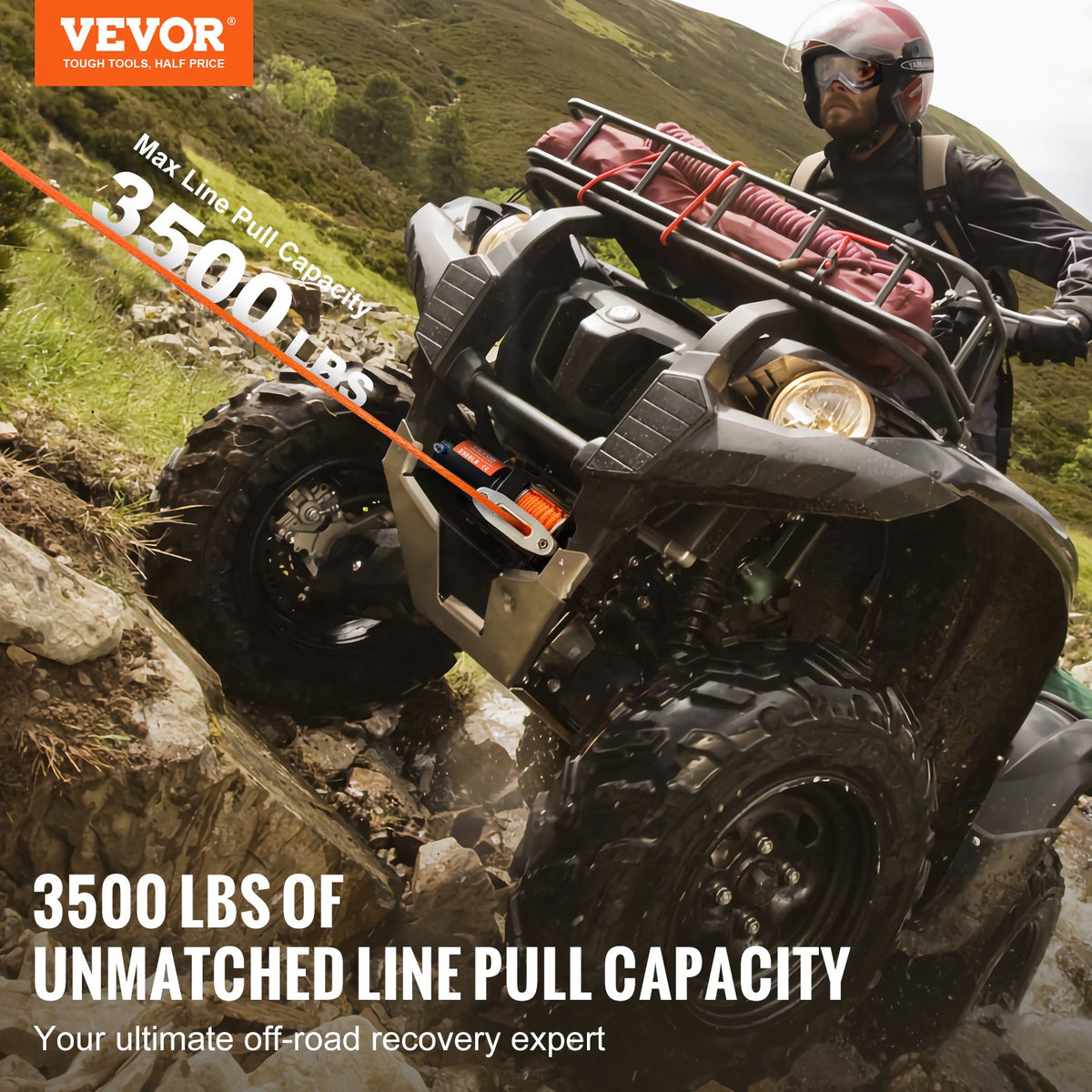 Electric Winch, 1588 kg Line Pull Capacity, 12V DC ATV Winch with Φ0.5 x 1188.7 cm 12 Strands Synthetic Rope Aluminum Fairlead Wired Remote Control, IP55 Waterproof for Towing ATV Boat
