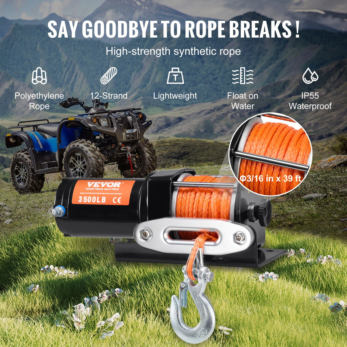 Electric Winch, 1588 kg Line Pull Capacity, 12V DC ATV Winch with Φ0.5 x 1188.7 cm 12 Strands Synthetic Rope Aluminum Fairlead Wired Remote Control, IP55 Waterproof for Towing ATV Boat