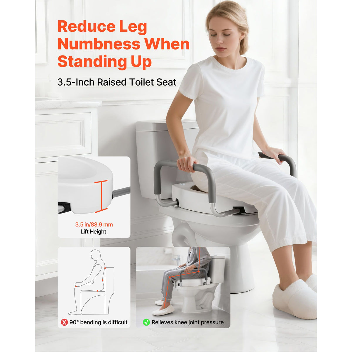 Raised Toilet Seat with Arms, 136.1 kg Load Capacity, 88.9 mm Lift Height, Widened Commode Elevated Toilet Seat Riser with Padded Handles for Seniors, Elderly, Handicap, Disabled, and Adults